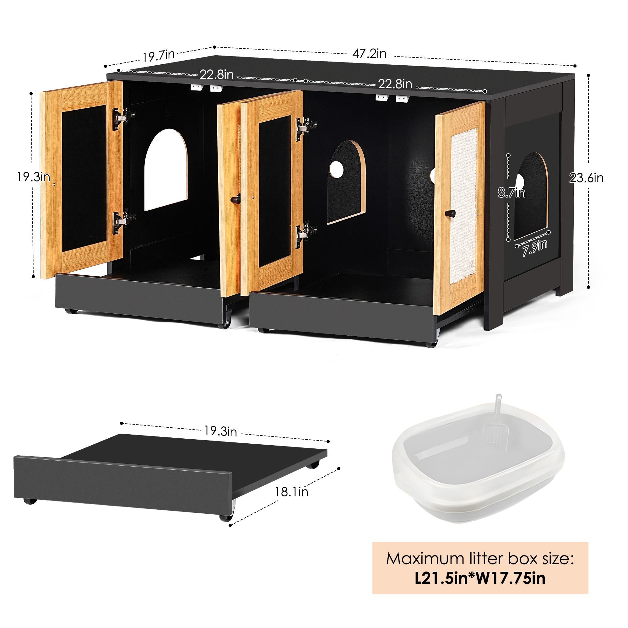 Double Litter Box Enclosure for 2 Cats with Rattan Doors and Sisal Scratch Panel, Hidden Cat Furniture, 47" L x 20" W x 23.5" H, Light Oak