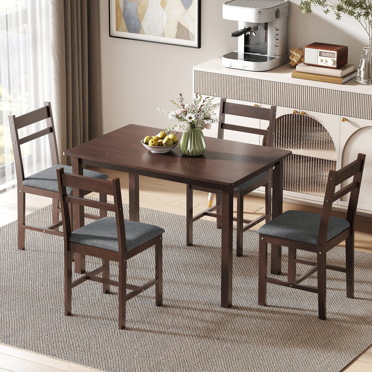 5-Piece Solid Wood Dining Table Set for 4, Farmhouse Kitchen Table with Upholstered Chairs for Dining Room, Walnut