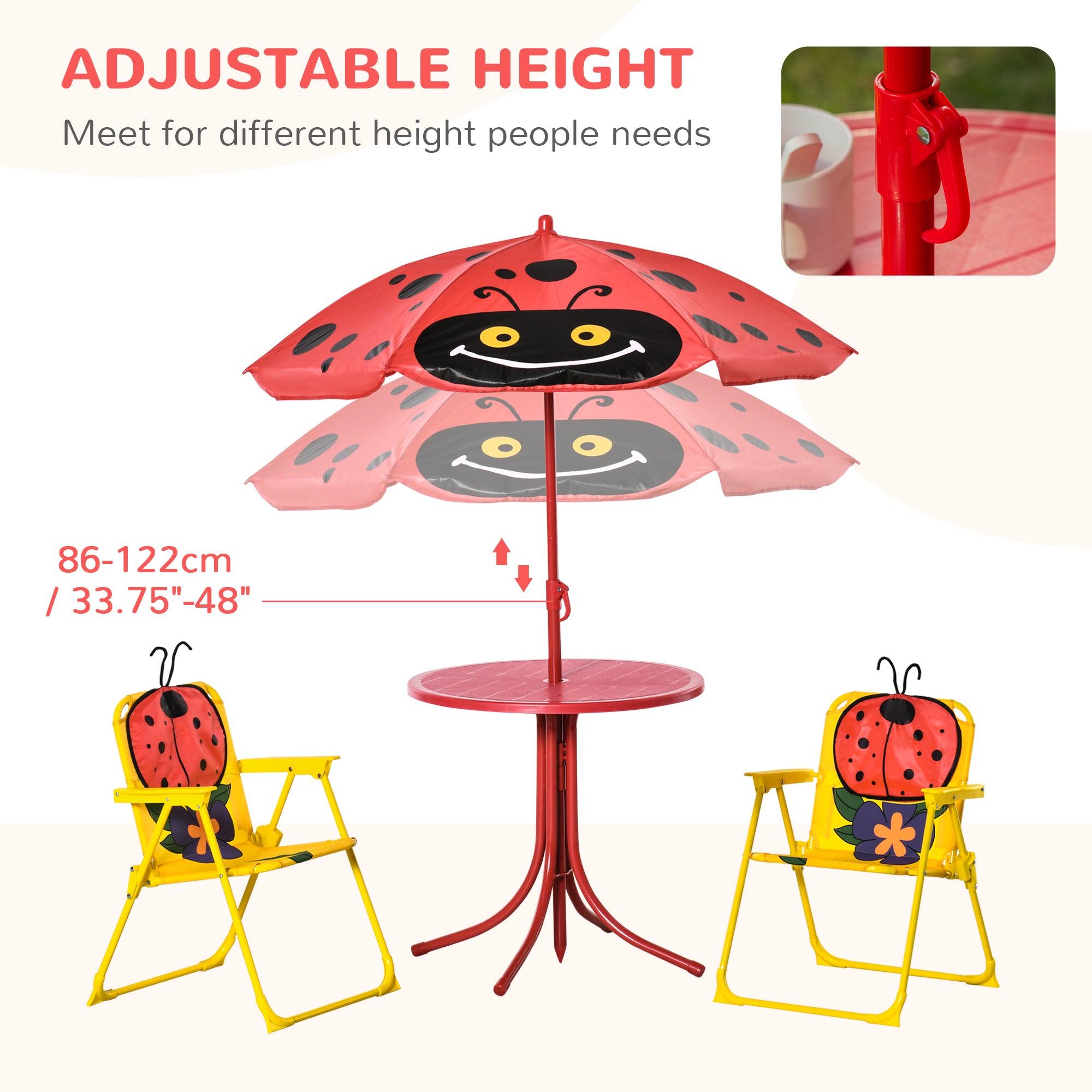 Kids Table and Chair Set, Outdoor Folding Garden Furniture, Picnic Table for Patio Backyard, with Removable & Height Adjustable Sun Umbrella, Red