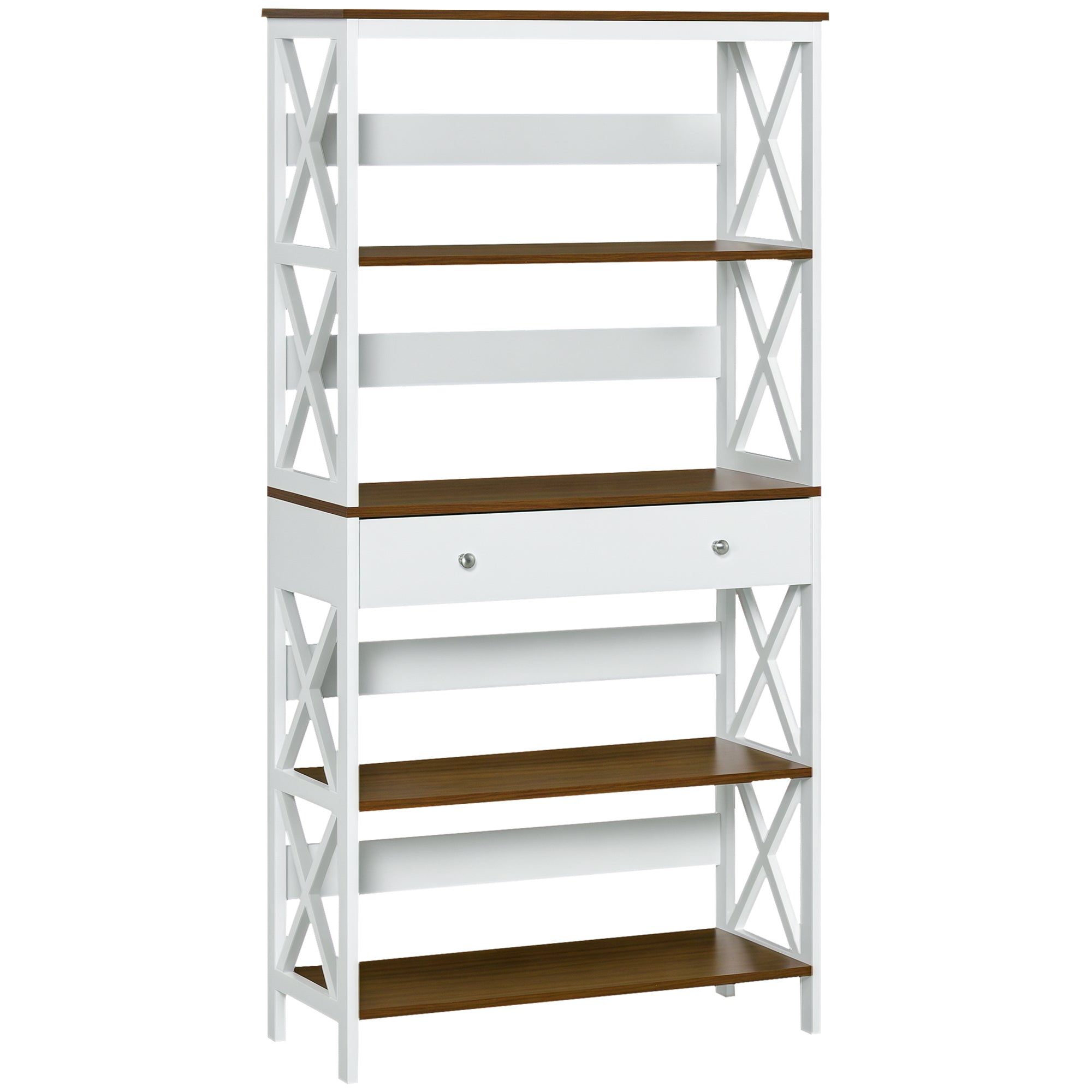 4-Tier Shelving Bookcase Storage Cupboard with Pull Out Drawer, and Wooden Frame with X Bar Stability, White