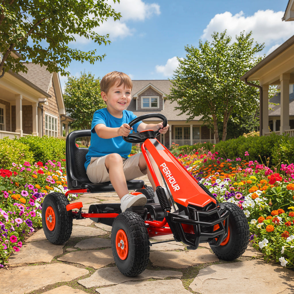 Kids Go Kart, Pedal Car with Adjustable Seat, EVA Wheels, Brake, for Boys & Girls Aged 3-8 Years Old, Red