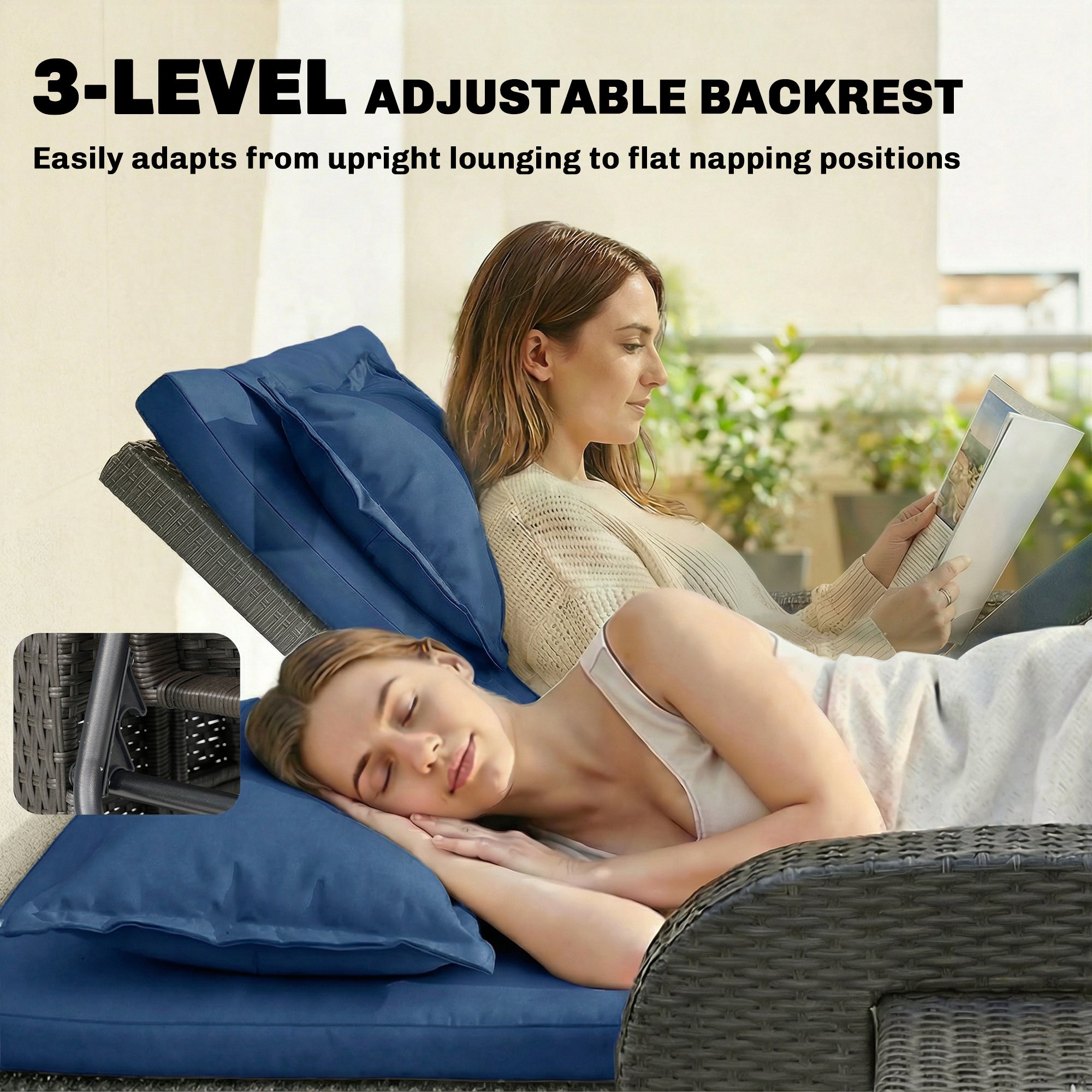 Patio Rattan Daybed, Wicker Outdoor Daybed with Storage Ottoman, Loveseat w/ Adjustable Backrest, Navy Blue