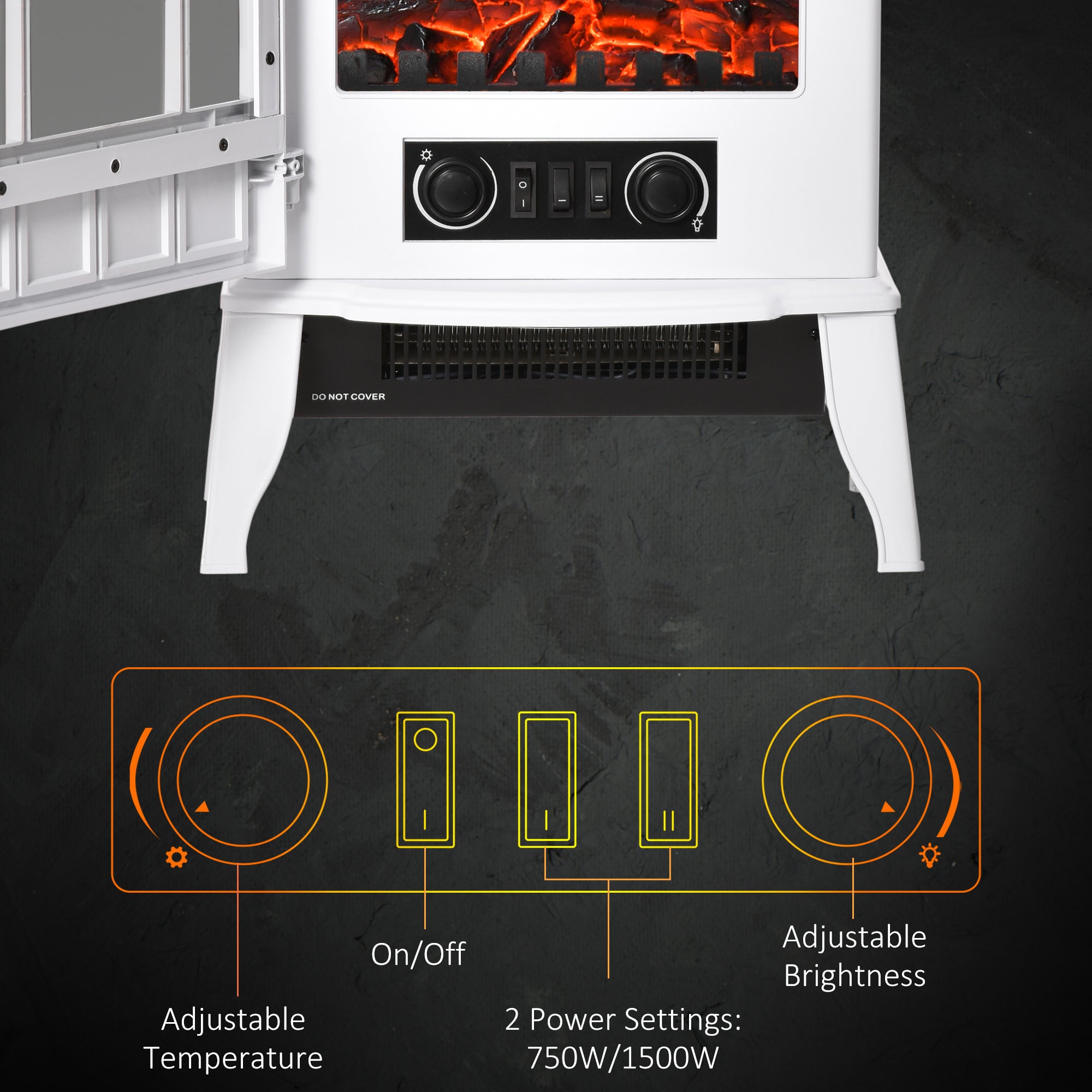 Modern Electric Fireplace, Free Standing Electric Fire with Realistic LED Flame, 750W/1500W, White