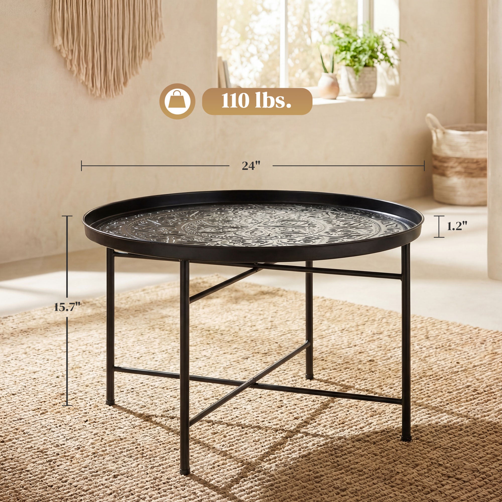 Coffee Table for Living Room, 24" Round Center Table with Hammered Tray Top and Metal Frame for Bedroom, Black