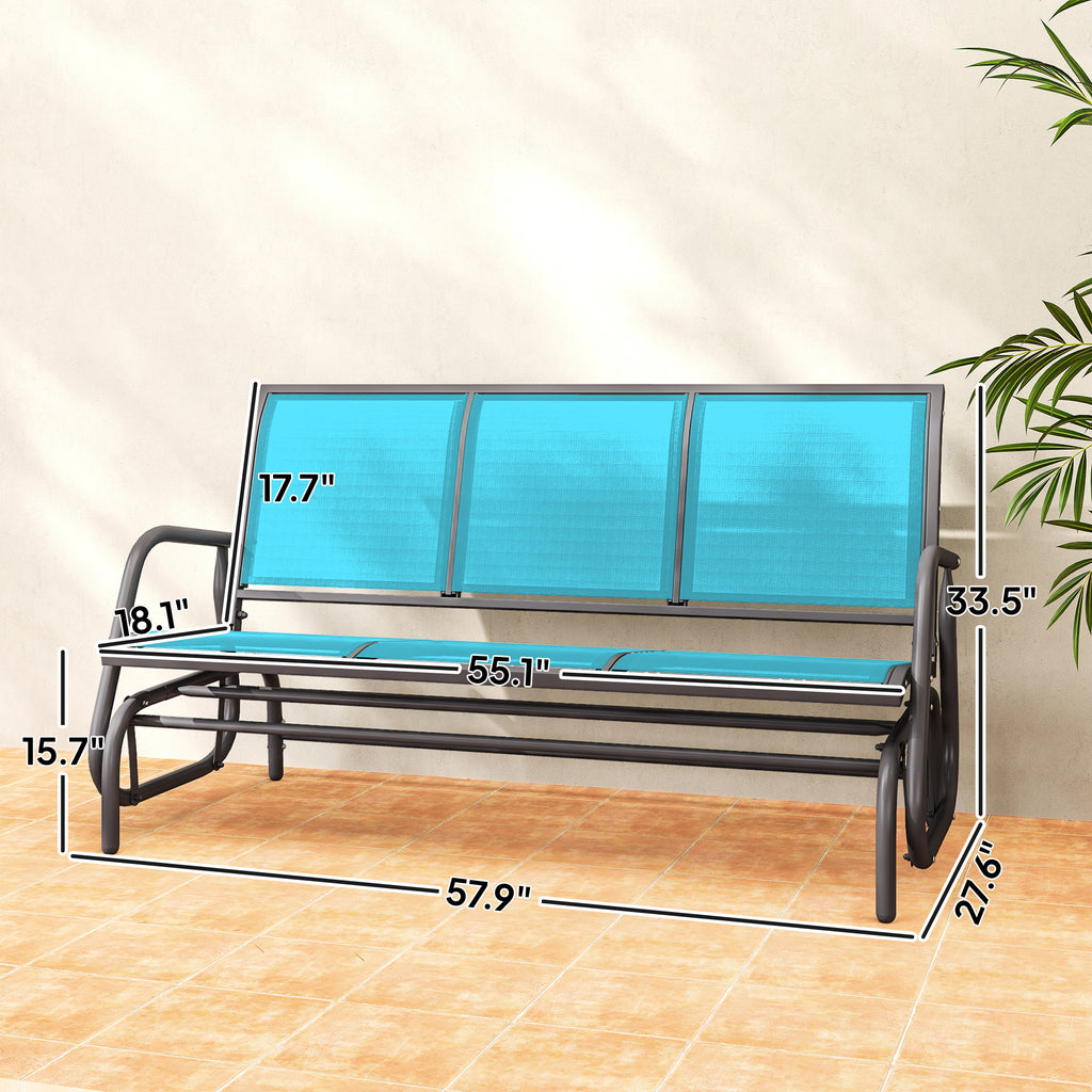 3-Person Outdoor Patio Glider Bench, Porch Glider Swing with 3 Seats, Breathable Mesh Fabric, Metal Frame, Blue