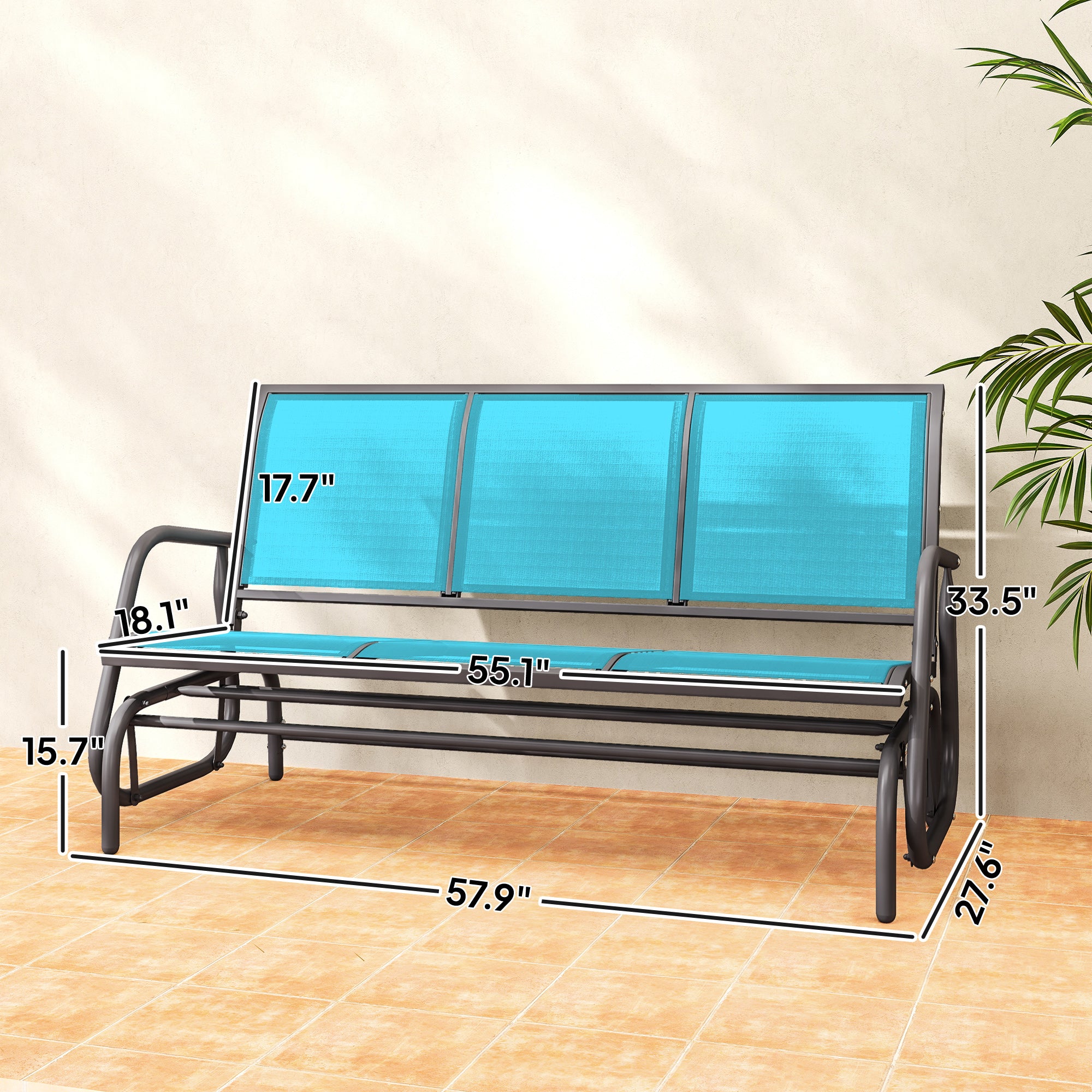 3-Person Outdoor Patio Glider Bench, Porch Glider Swing with 3 Seats, Breathable Mesh Fabric, Metal Frame, Blue