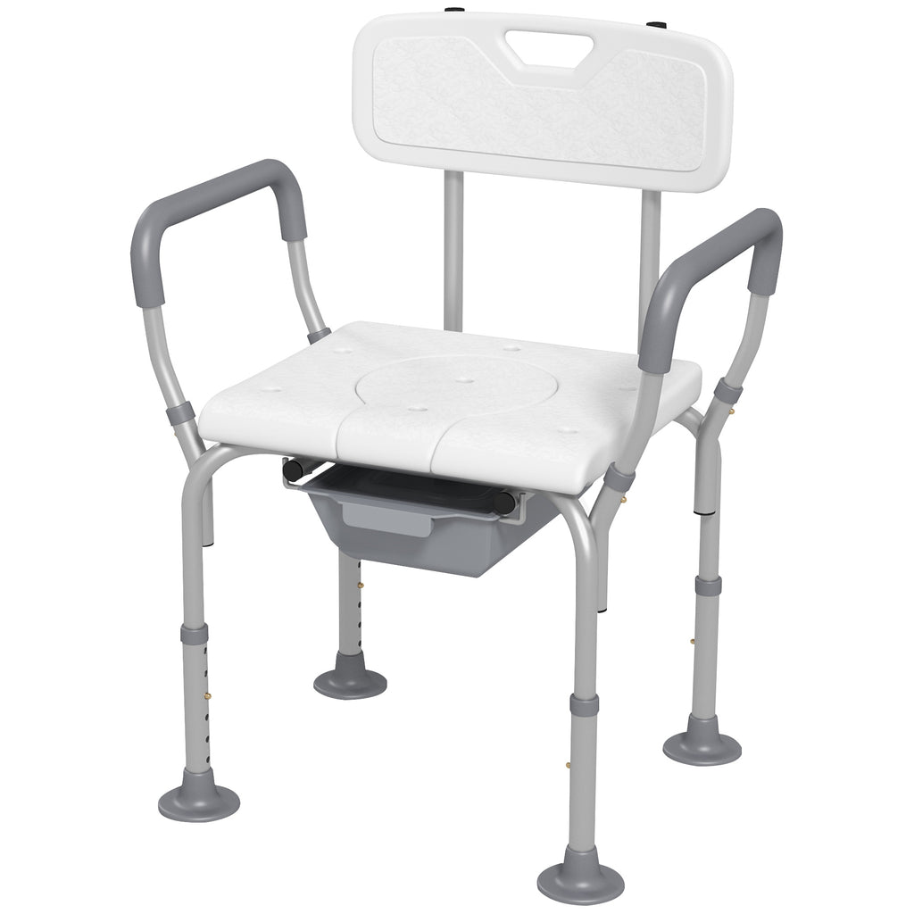 3-in-1 Shower Chair with Back and Arms, Height Adjustable Bedside Commode, Raised Toilet Seat with Non-Slip Rubber Foot Pad for Seniors, Disabled, White