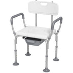 3-in-1 Shower Chair with Back and Arms, Height Adjustable Bedside Commode, Raised Toilet Seat with Non-Slip Rubber Foot Pad for Seniors, Disabled, White