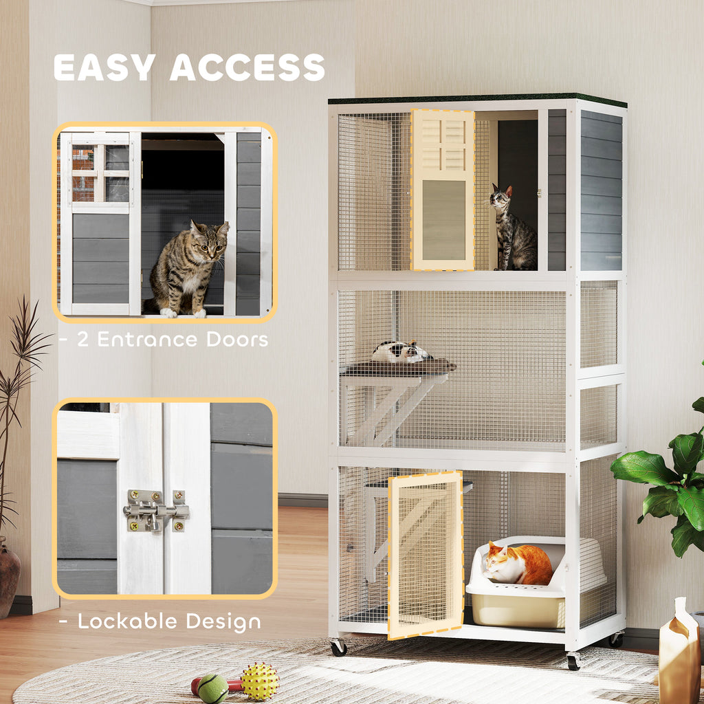 74" Wooden Catio Outdoor Cat Enclosure Weatherproof & Wheeled, Outside Cat House with High Weight Capacity, Kitten Cage Condo, White