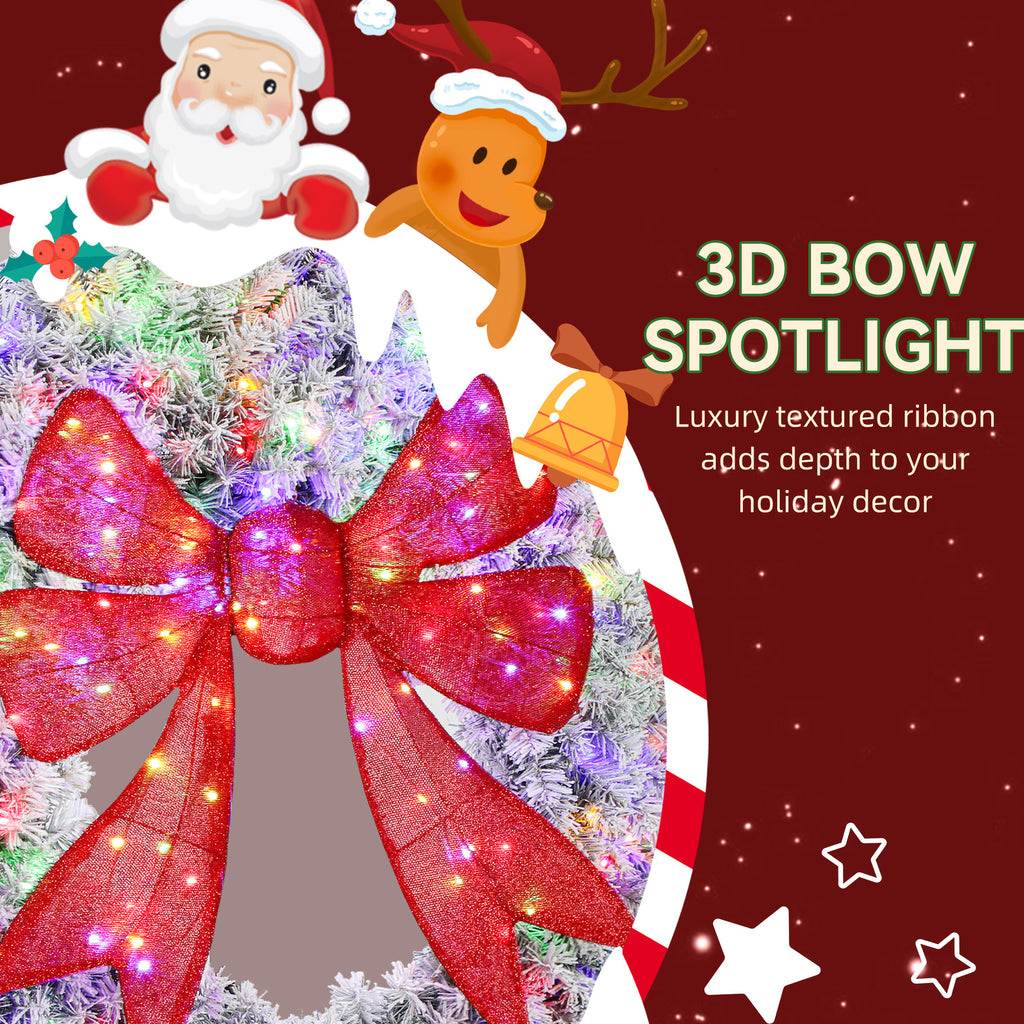 60in Flocked Pre-Lit Christmas Wreath with 3D Red Bow, 11 Lighting Modes, Front Door Christmas Wreath with Remote