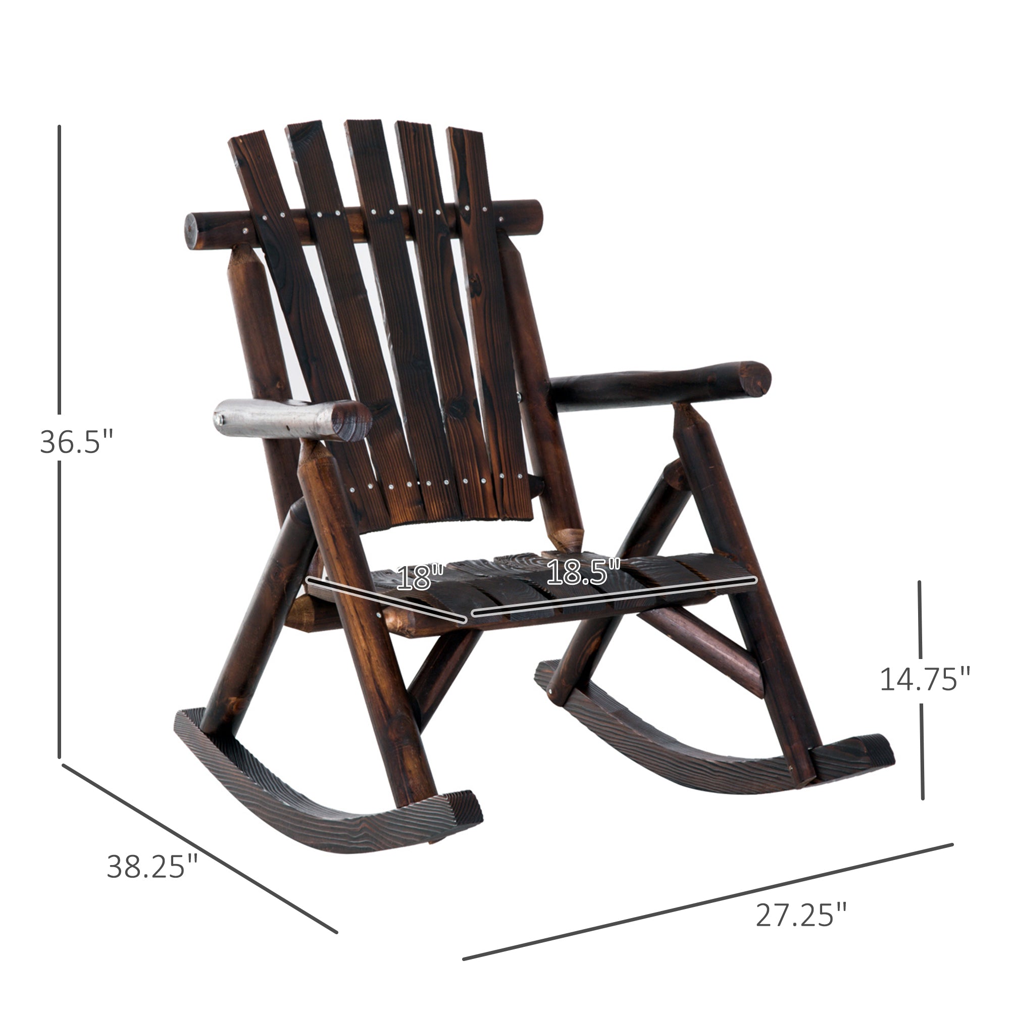 Outdoor Wooden Rocking Chair, Single-Person Rustic Adirondack Rocker with Slatted Seat, High Backrest, Armrests for Patio, Garden and Porch, Brown