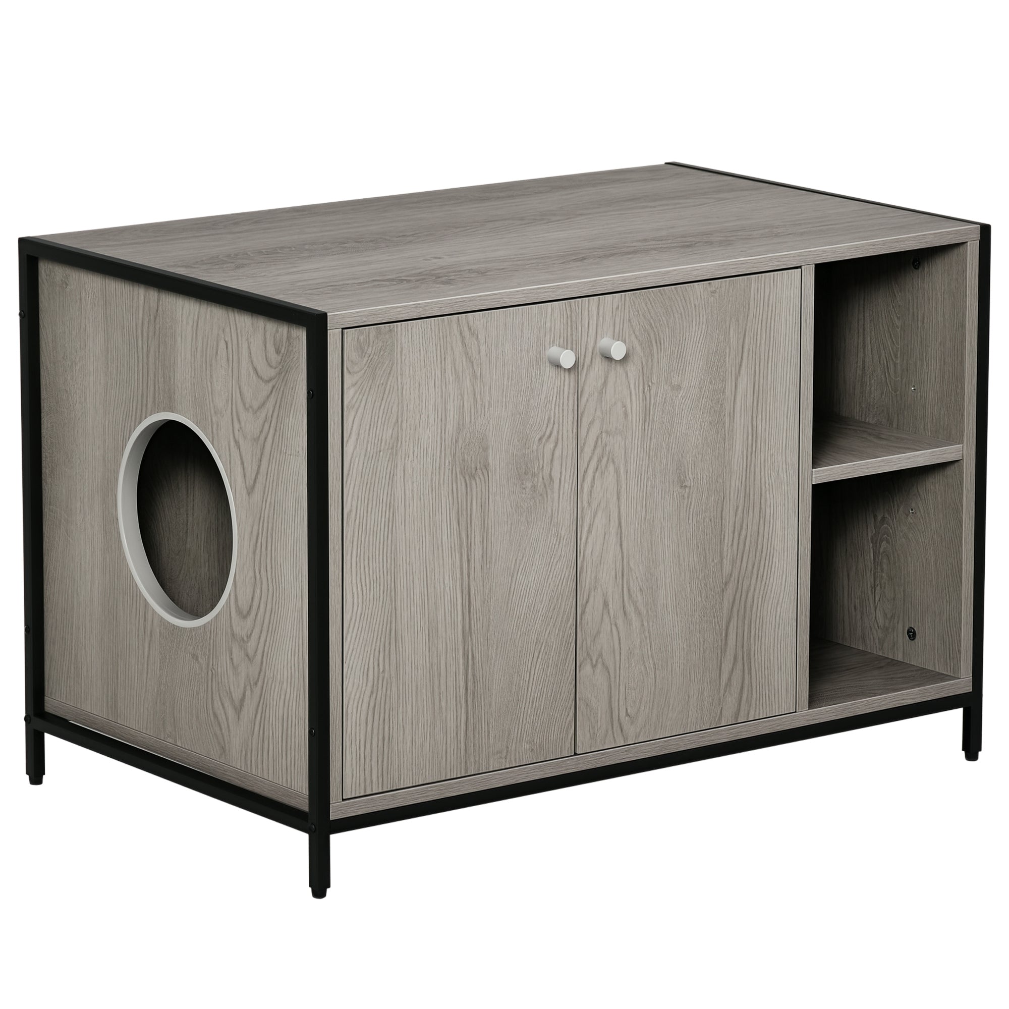 Large Wooden & Steel Cat Litter Box Enclosure, Kitten Washroom End Table, Indoor Hidden Cat House with Magnetic Doors & Storage Shelves, Gray
