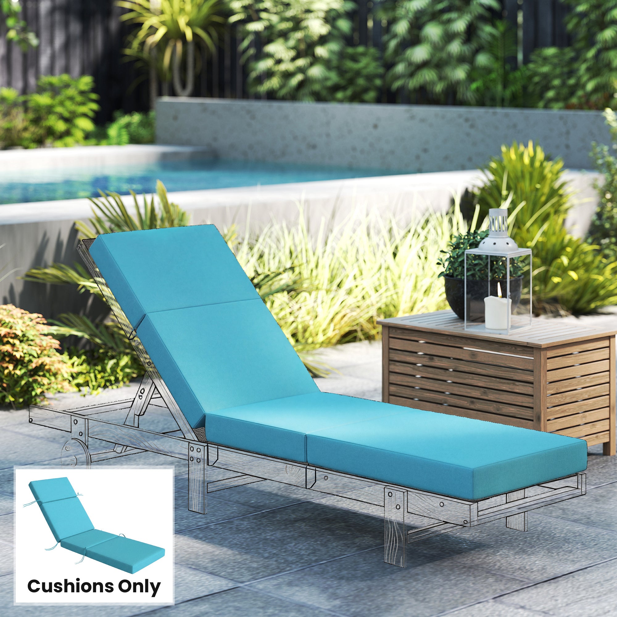 Chaise Lounge Cushion, 4" Thick Outdoor Lounge Chair Cushion with Ties for Patio, 21" x 72", Blue