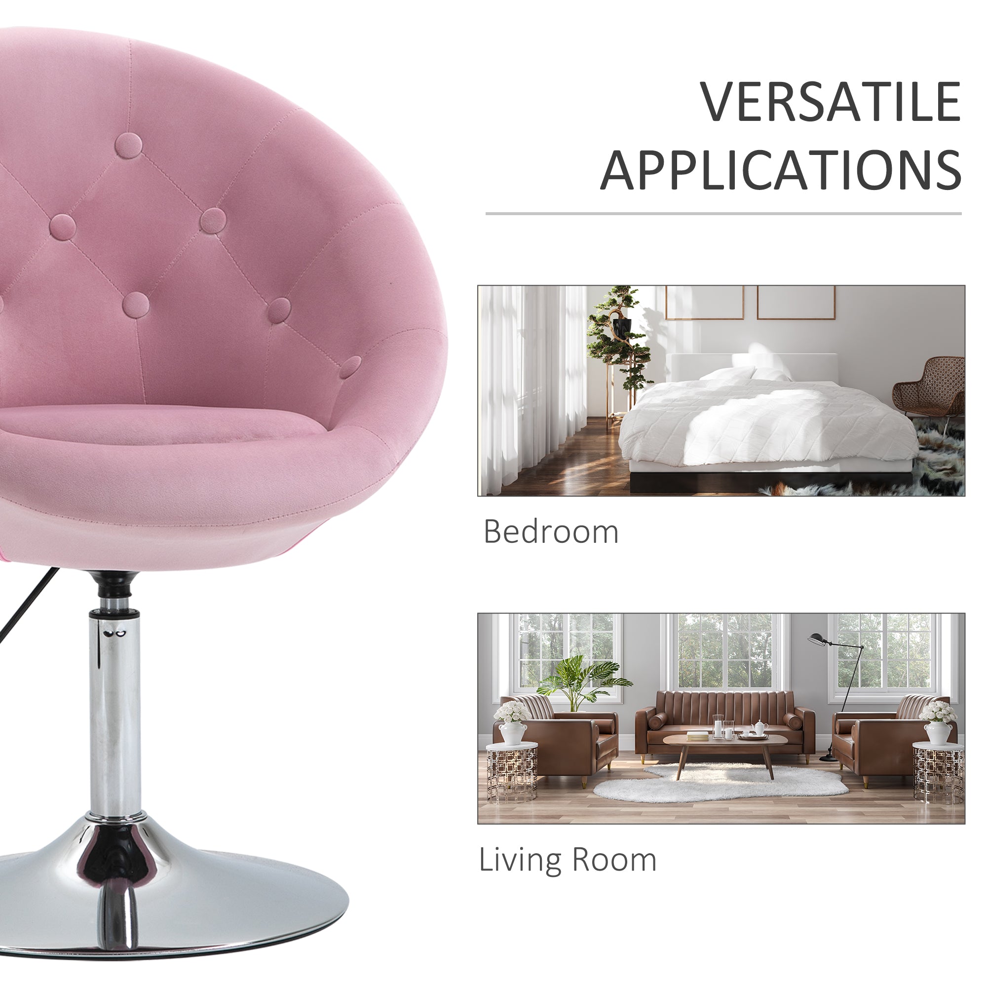 Modern Makeup Vanity Chair Round Tufted Swivel Accent Chair with Chrome Frame Height Adjustable, Pink
