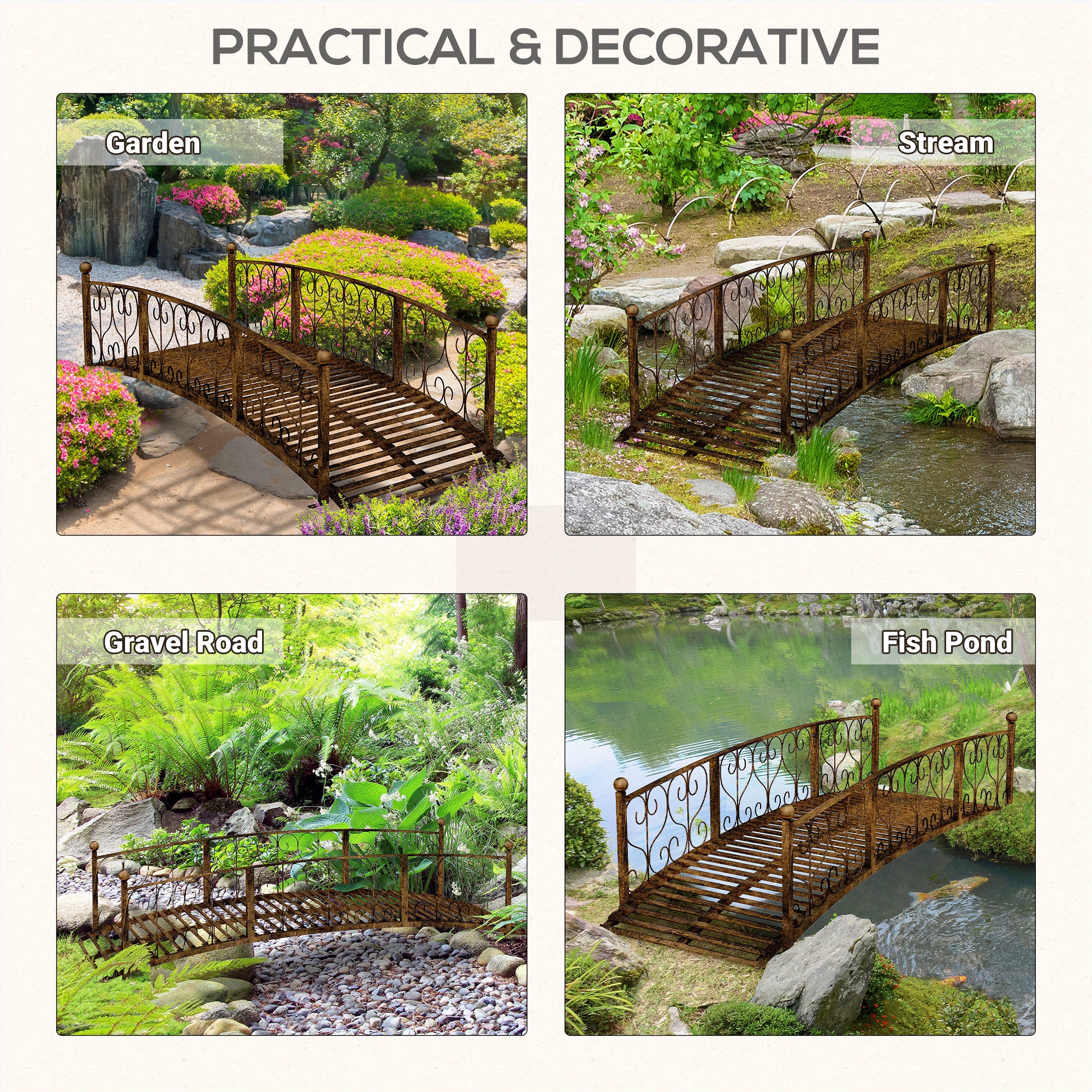 7' Metal Arch Garden Bridge Arc Footbridge with Side Railings Decorative Scrollwork, Bronze