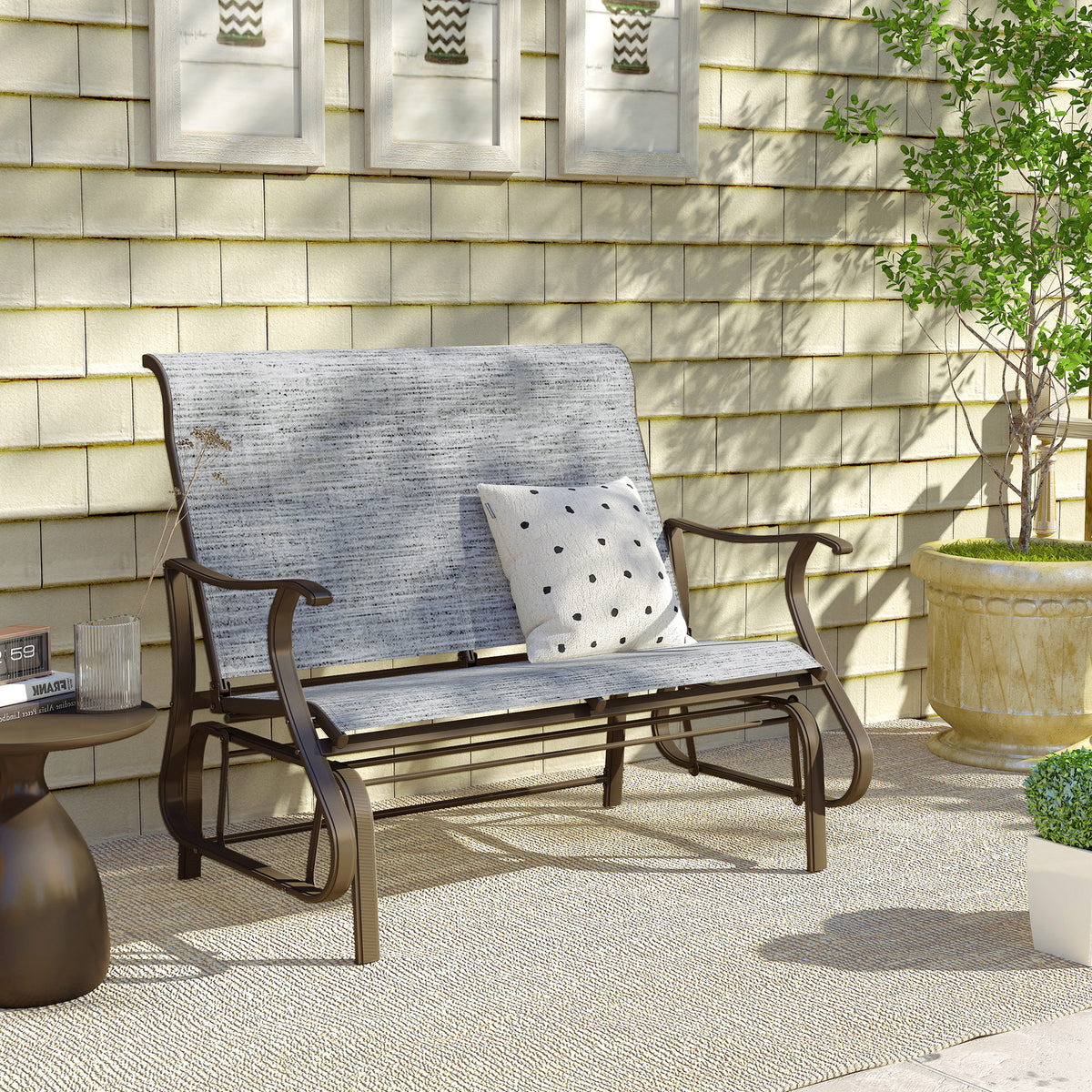 2-Person Outdoor Glider Bench, Patio Glider Loveseat Chair with Powder Coated Steel Frame, 2 Seats Porch Rocking Glider for Backyard, Lawn and Garden, Mixed Gray