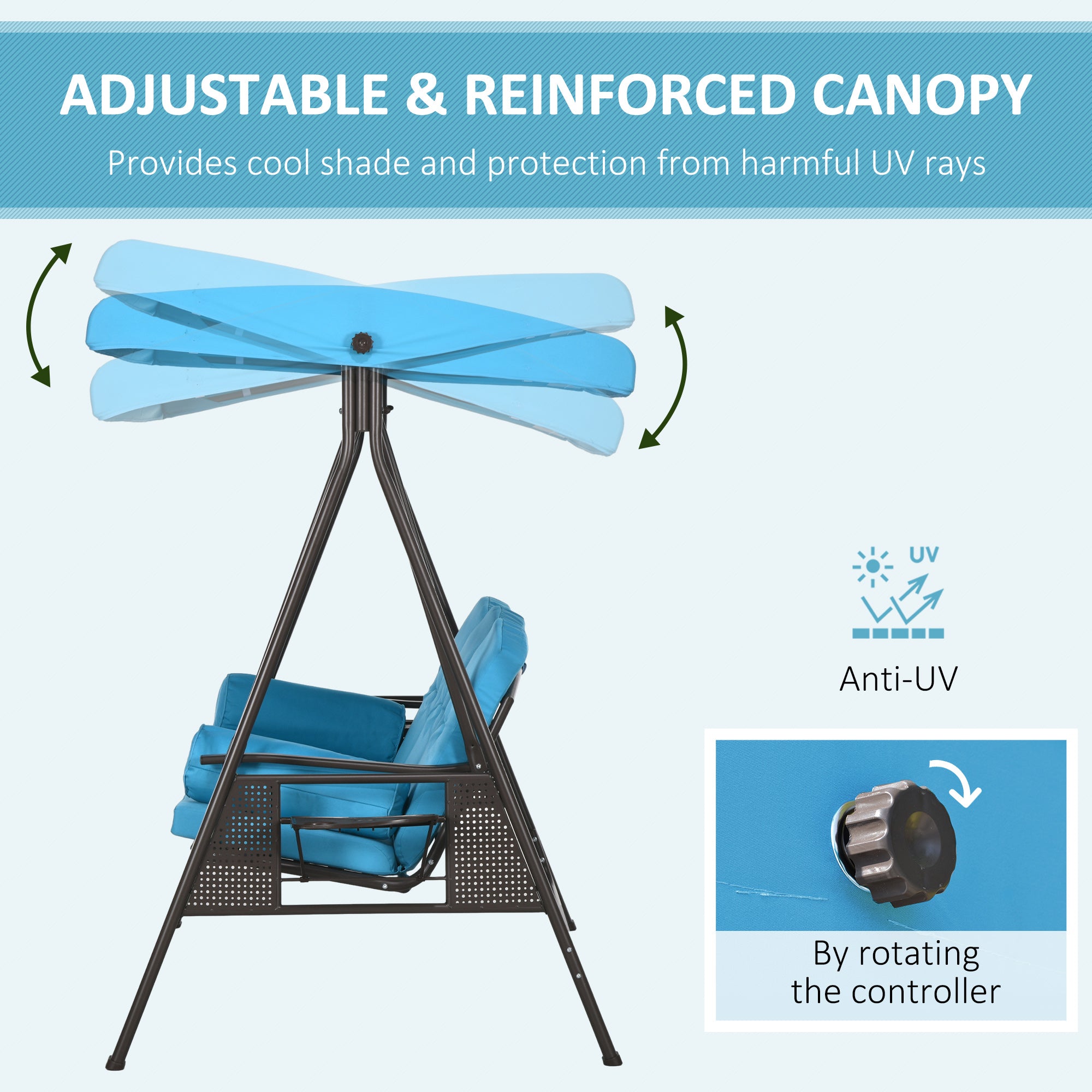 3-Seat Outdoor Porch Swing Chair with Adjustable Canopy, Cushion and Pillows for Garden, Poolside, Blue