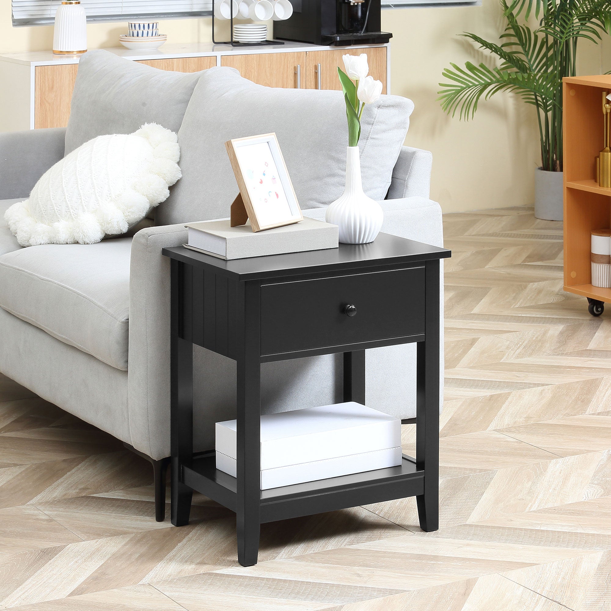 Modern Side Table for Living Room, End Table, 2-tier Side Table with Drawer and Storage Shelf, Black