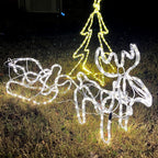 35" Christmas Reindeer and Sleigh with LED Motif Warm White Lighting, Indoor Outdoor Steel Frame Yard Decoration