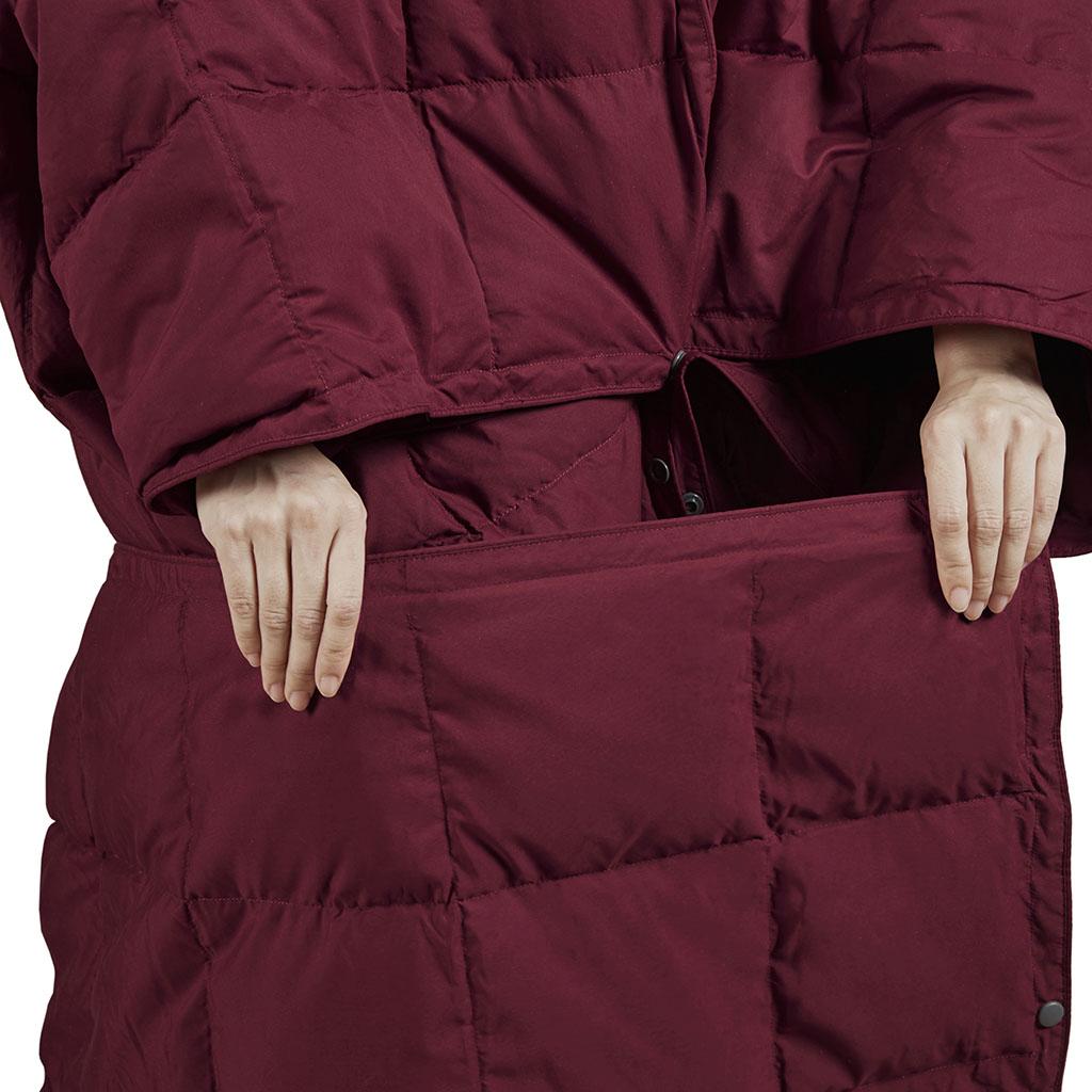 Wearable Multipurpose Throw with Goose Feather, Down Filling, Water-Repellent Microfiber, Machine Washable, 68" L x 62" W x 0.25" H, Red
