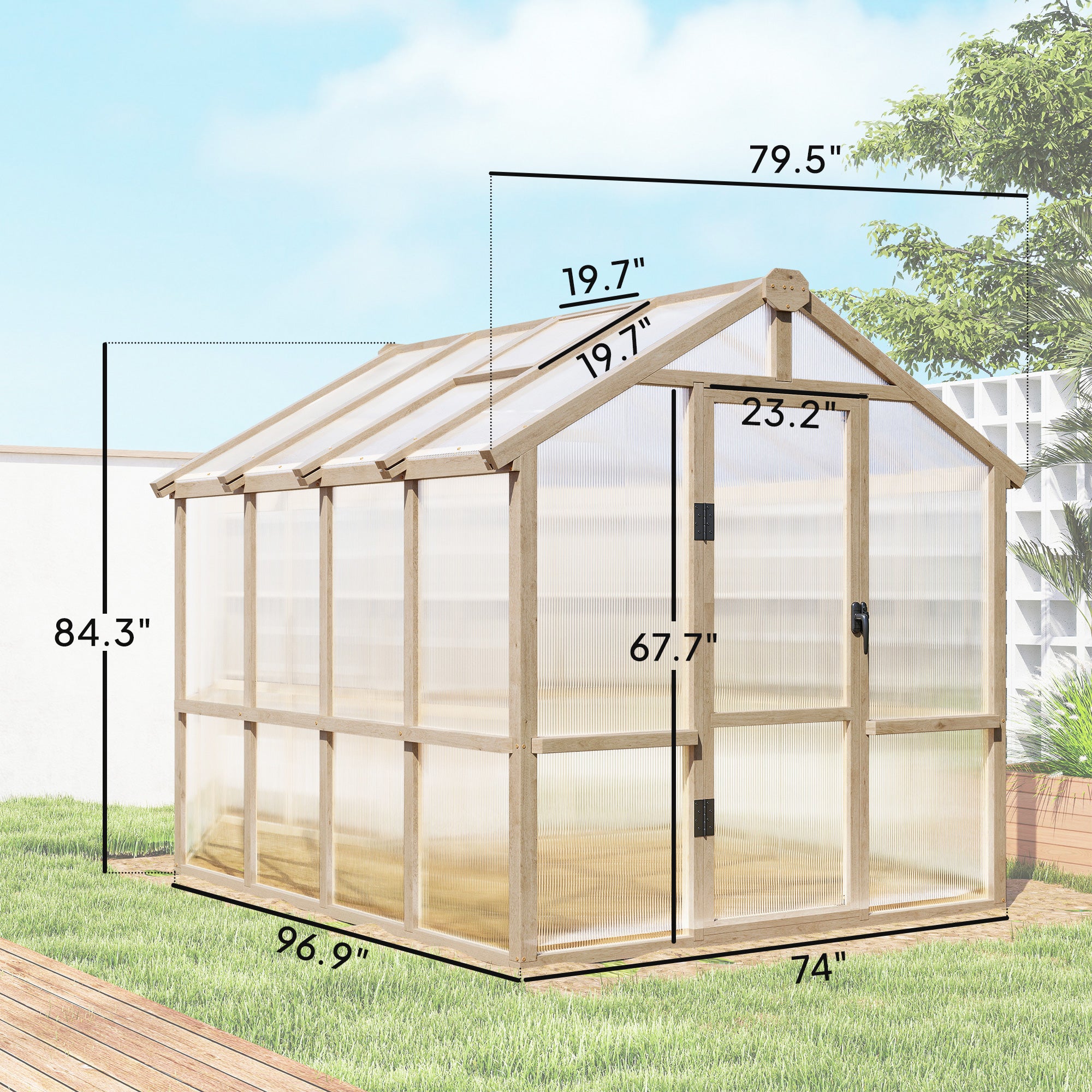 6.6 x 8 ft. Polycarbonate Greenhouse Wooden Walk-in Greenhouse Kit with Thickened Panels, Roof Vent, and Lockable Door