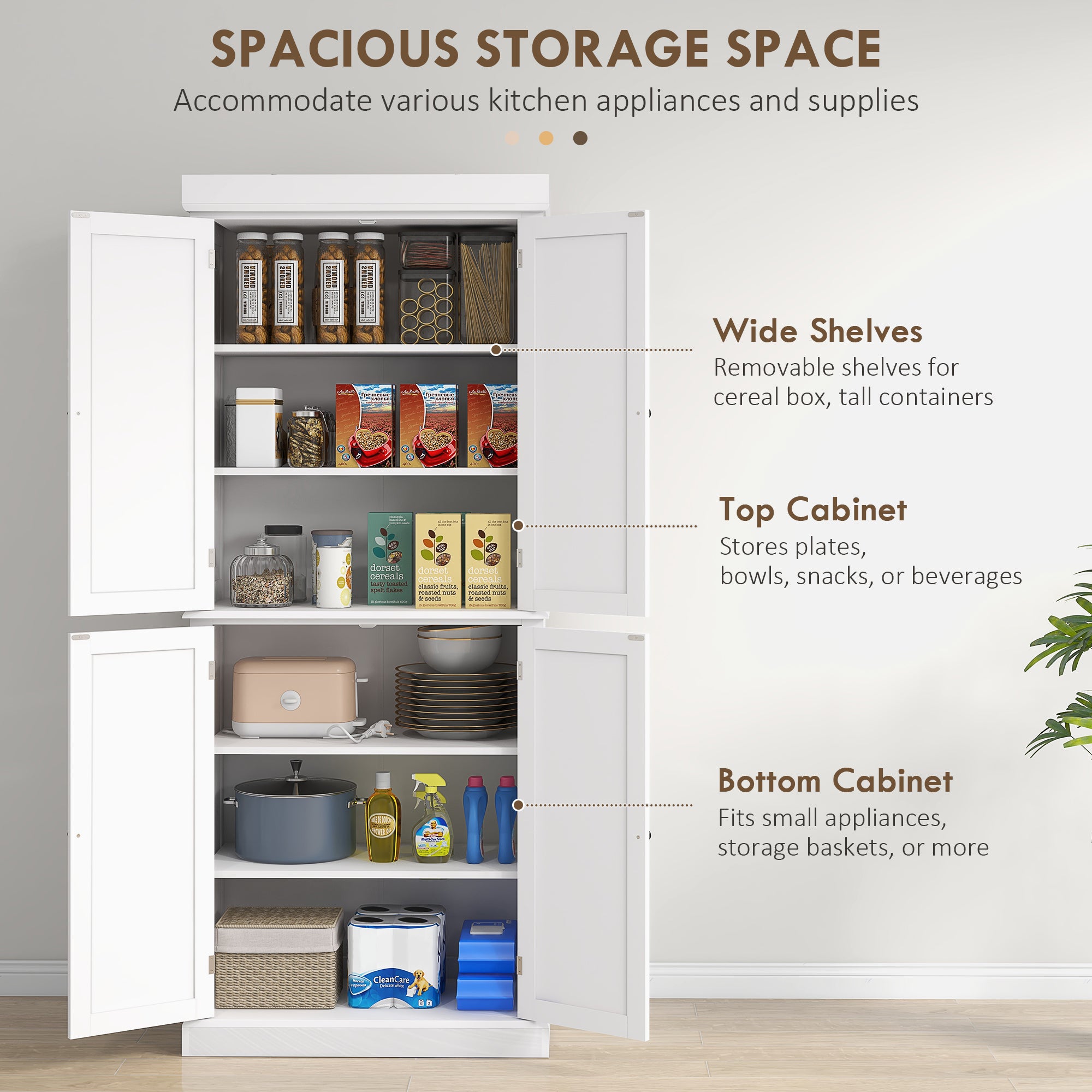 72" Kitchen Cabinet, Pantry Storage Cabinet with Doors and Shelves, Freestanding Food Pantry Cabinet, White