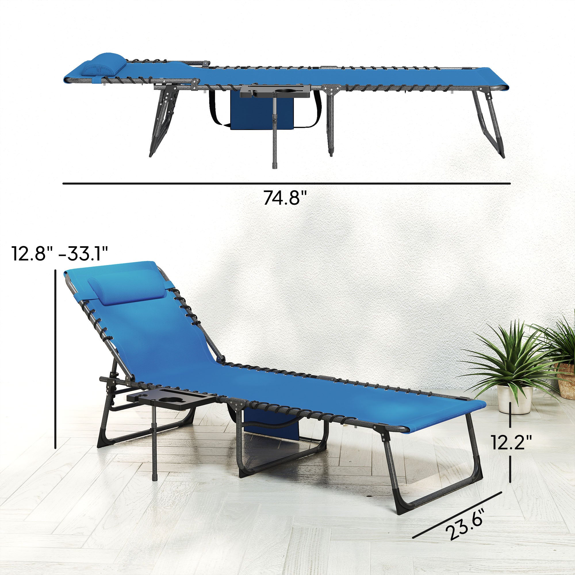 Folding Outdoor Chaise Lounge Chair Tanning Chair with 5-Level Adjustable Back, Side Table, Pillow, Pocket, Blue