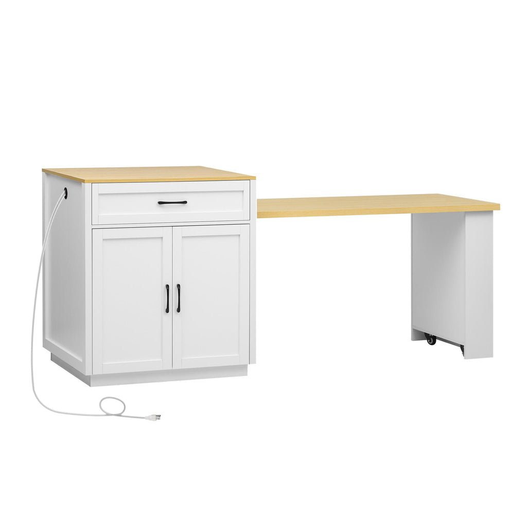 Kitchen Island with Extendable Table, Double-Sided Storage, Power Outlet, Adjustable Shelves, Lockable Wheels, 83" L x 27.5" W x 36" H, White Oak