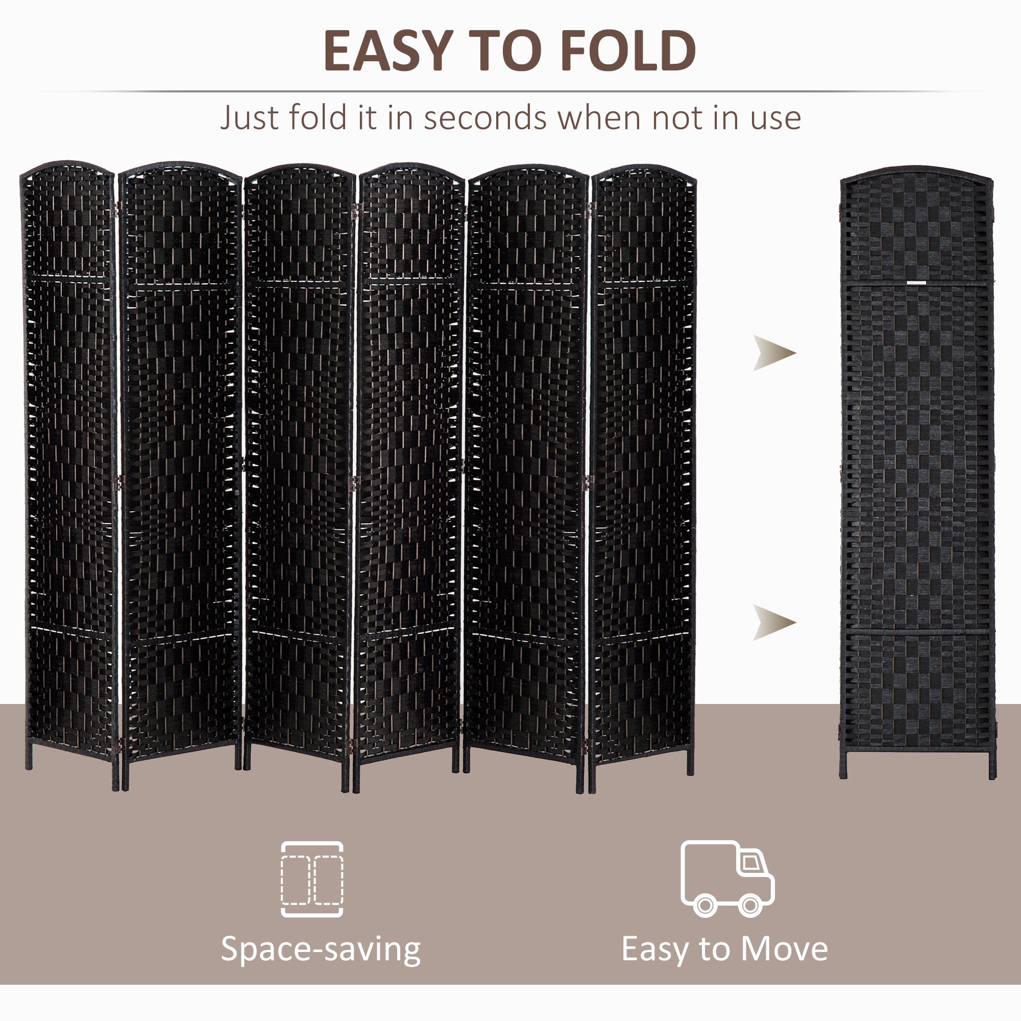 Room Divider 6 Panel, 6FT Tall Folding Privacy Screen, Freestanding Hand-Woven Partition for Room Separation with 360° Hinges, Paper Rope Diamond Weave, Black