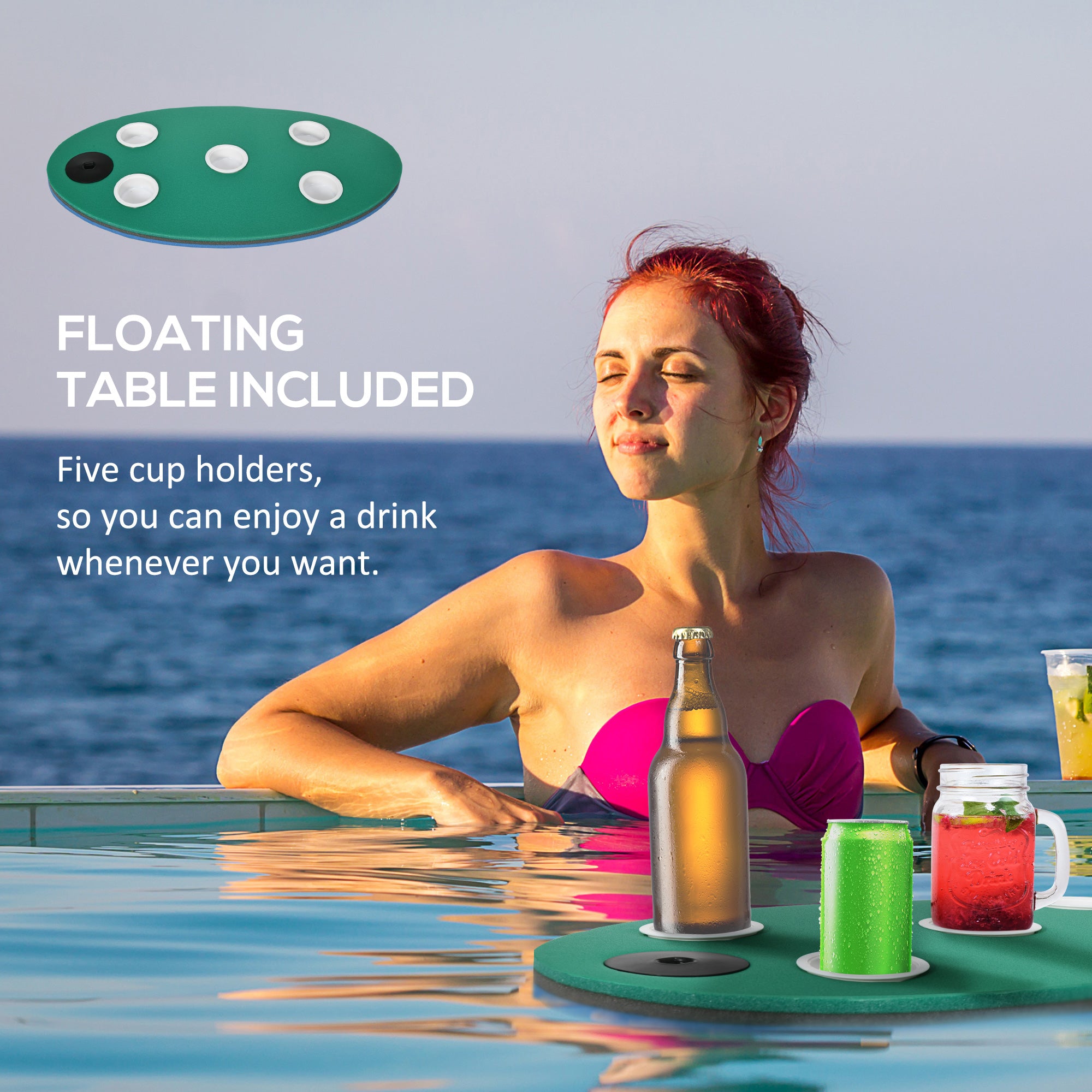 12' x 5' Lily Pad Floating Mat with Cup Holder Table, 3-Layer Portable Roll-Up Water Mat Float Dock for 2-3 People, on Lake, River, Beach, Swimming Pool, Green