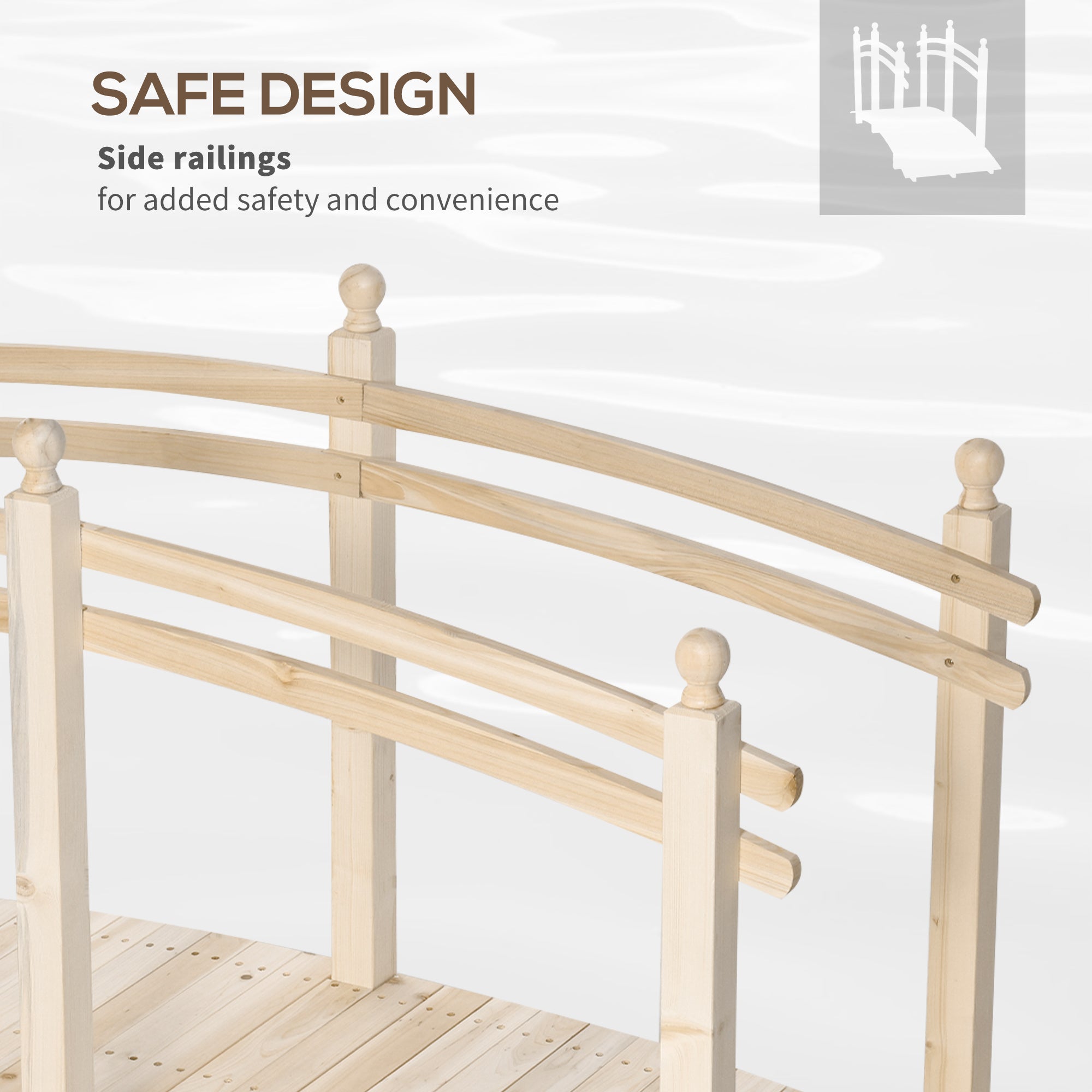 Wooden Arch Garden Bridge, Safety Rails for Backyard Ponds, Creeks, Streams, 7.5', Natural