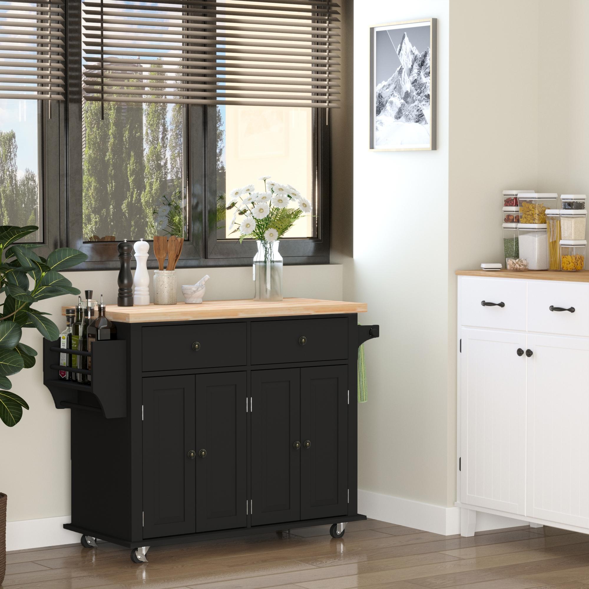 44" Mobile Kitchen Island Table, Kitchen Island Cart on Wheels with Storage Cabinets, 2 Drawers, Black