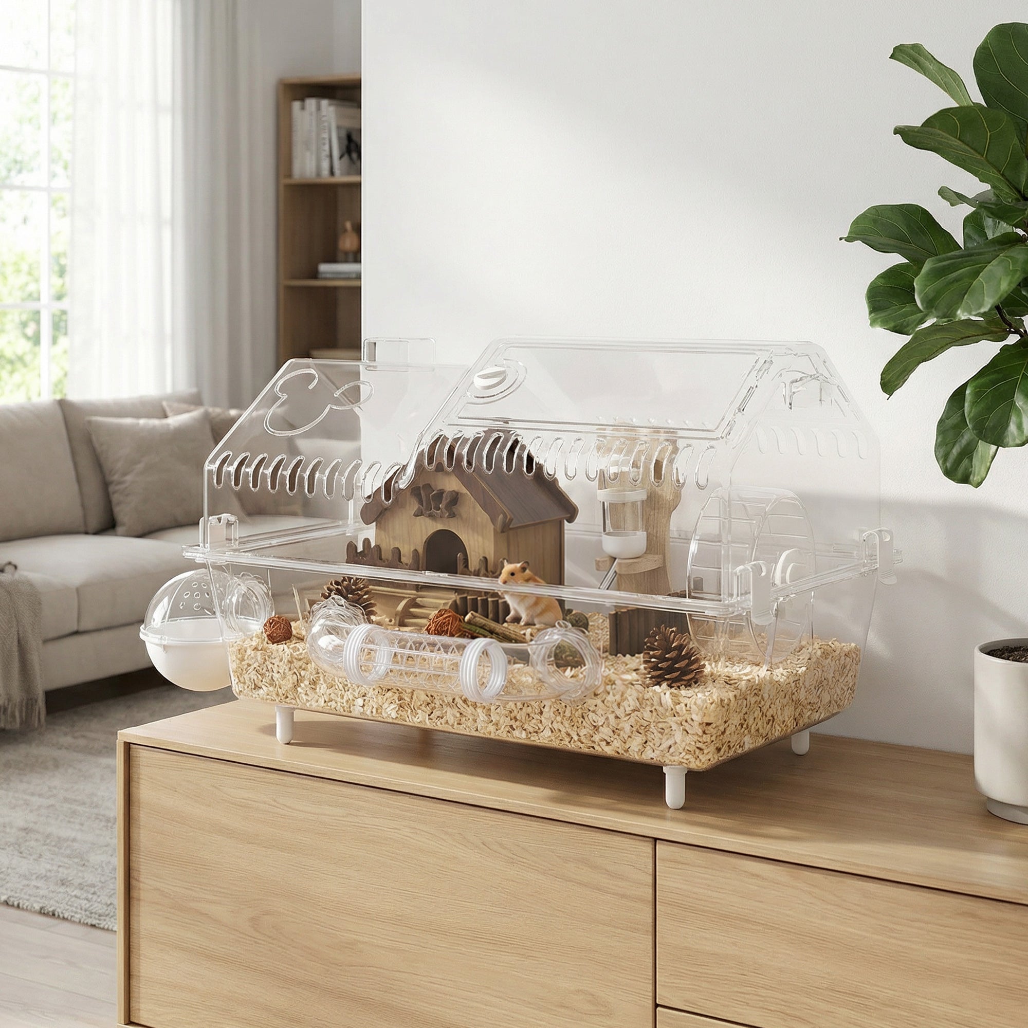 Hamster Cage with Large Wheel & Hideout, Small Animal Habitat with Accessories, Clear Pet House, 21.5" x 11.8" x 12.6",