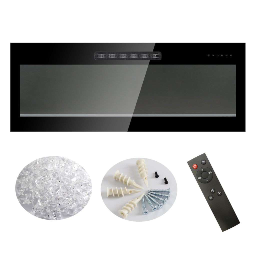 50" Ultra Thin Recessed Design Wall Mounted Electric Fireplace with Remote, Multi-Color Flame, Ember Bed, and LED Heater, Antique Black