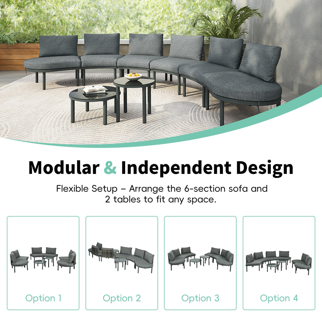 8-Piece Half Moon Sectional Sofa with 2 Coffee Table & Cushion, PE Wicker Patio Furniture for Backyard, 34.5'' L x 25.5'' W x 12.5'' H, Gray