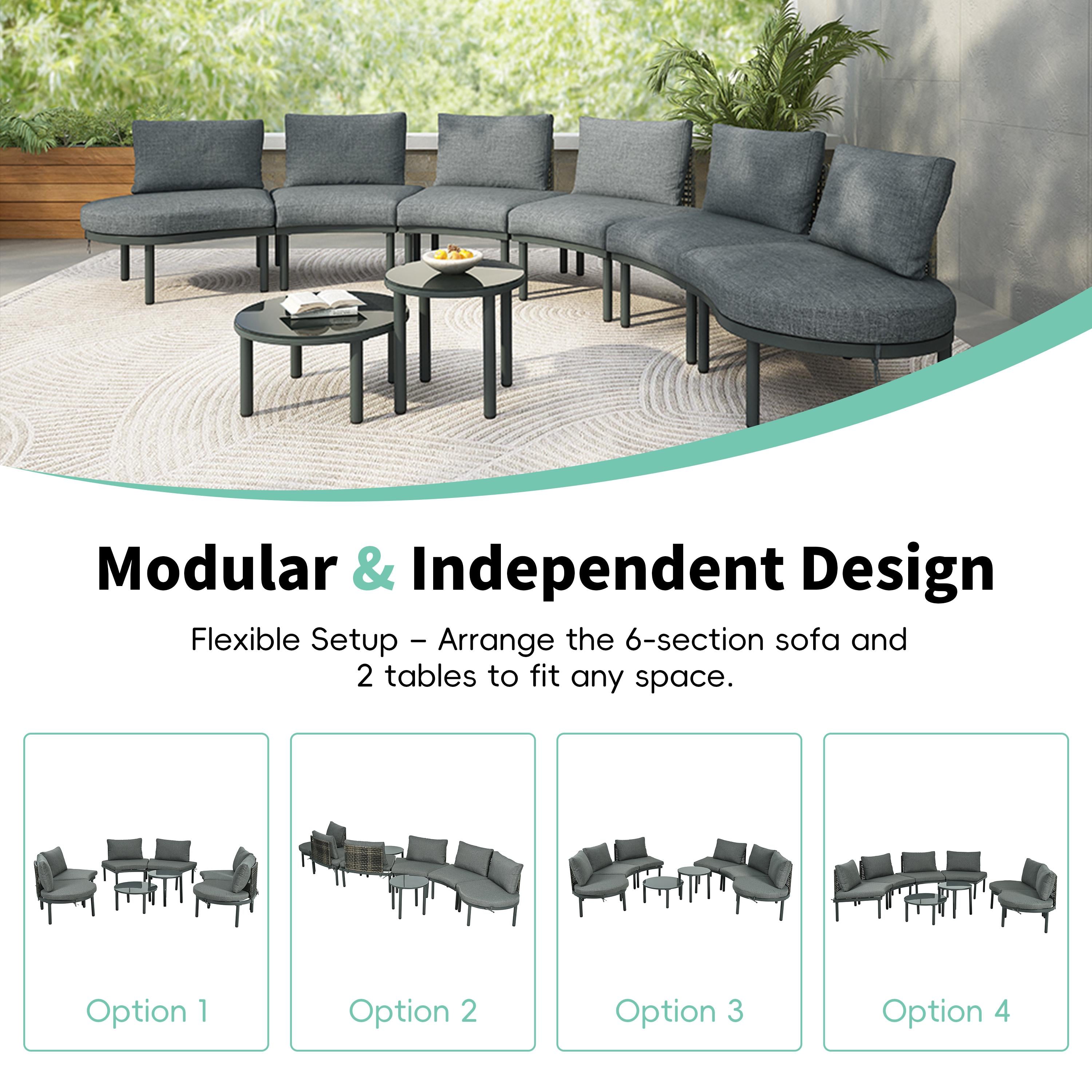 8-Piece Half Moon Sectional Sofa with 2 Coffee Table & Cushion, PE Wicker Patio Furniture for Backyard, 34.5'' L x 25.5'' W x 12.5'' H, Gray