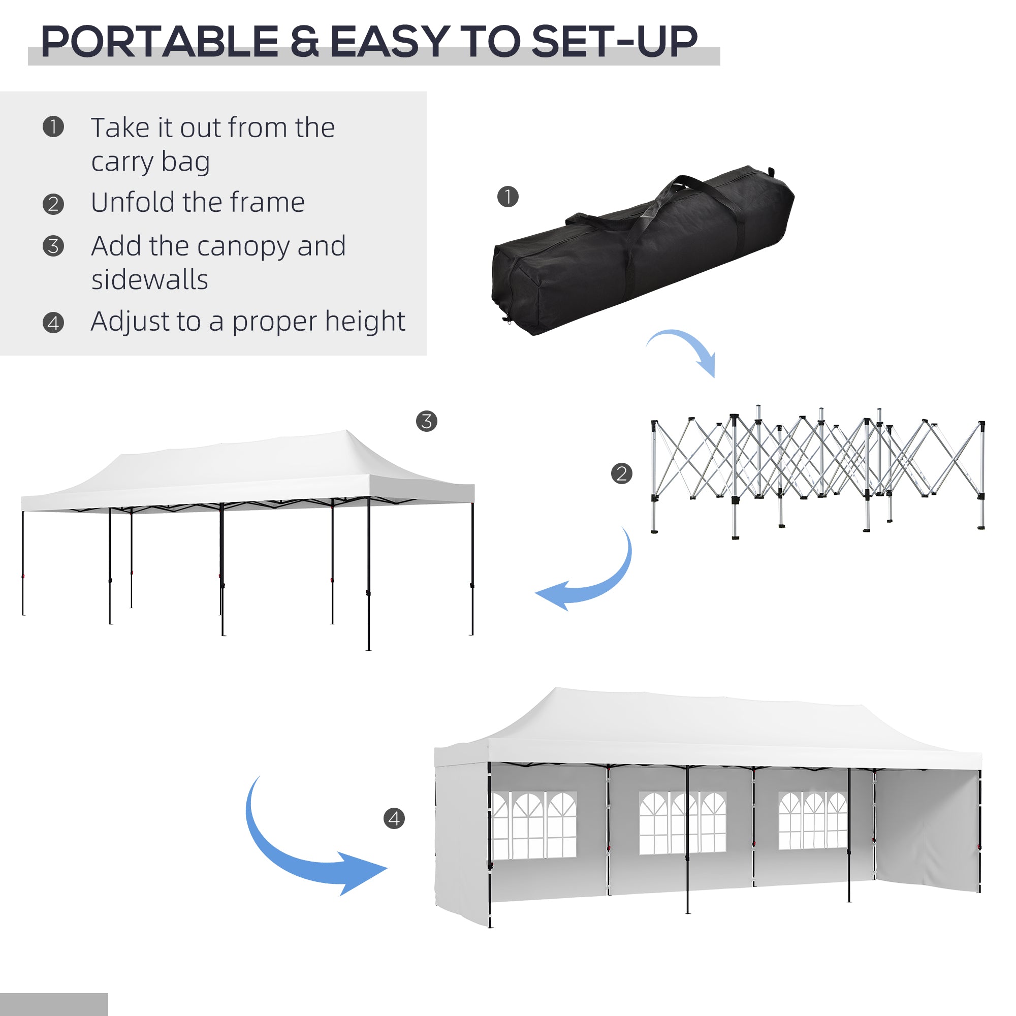 9.5' x 28' Pop Up Canopy Tent, Instant Tent for Parties, Height Adjustable, with Carry Bag and Sand Bags