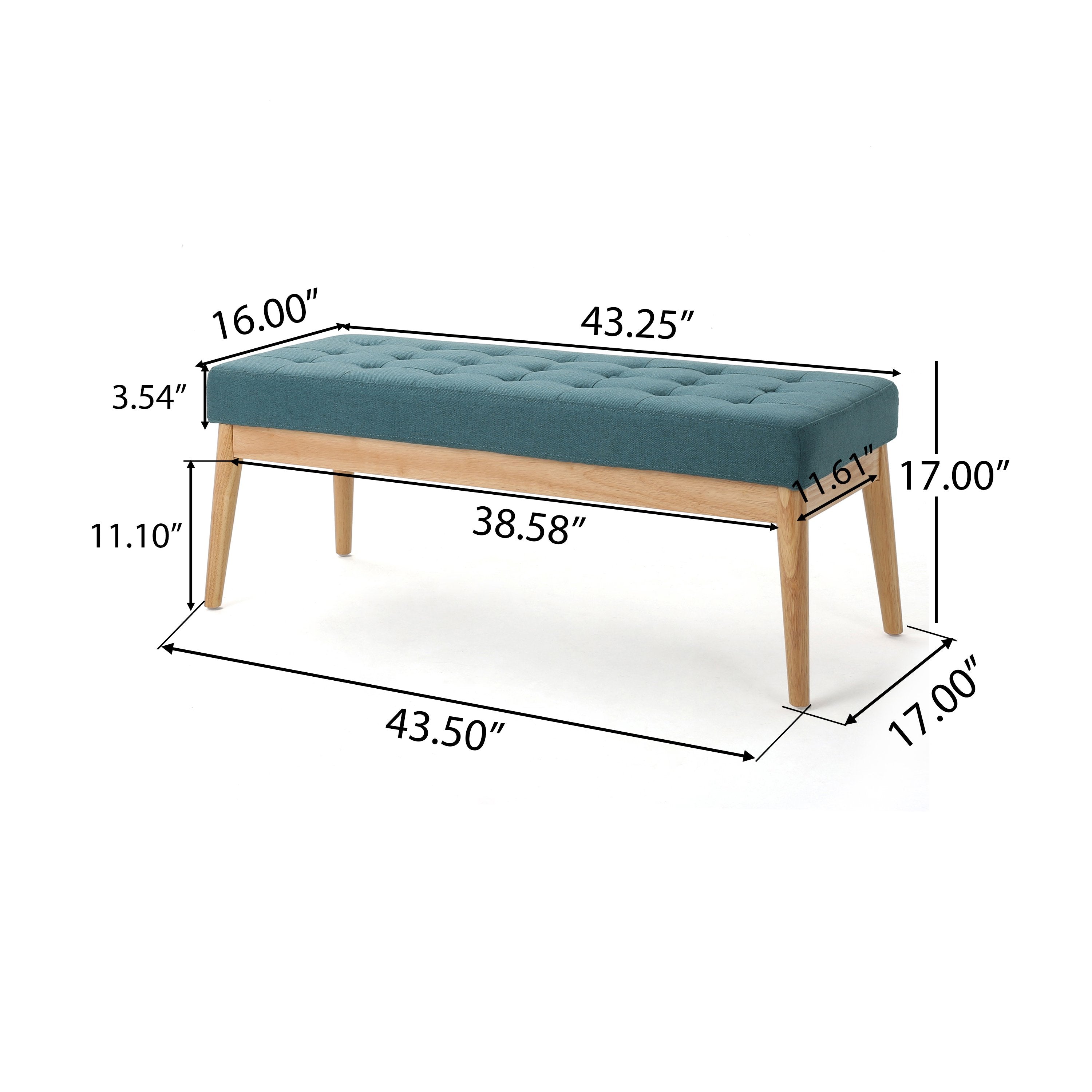 Fabric Ottoman with Cushioned Top, Sturdy Frame, and Space-Saving Design, 43.5" L x 17" W x 17" H, Teal