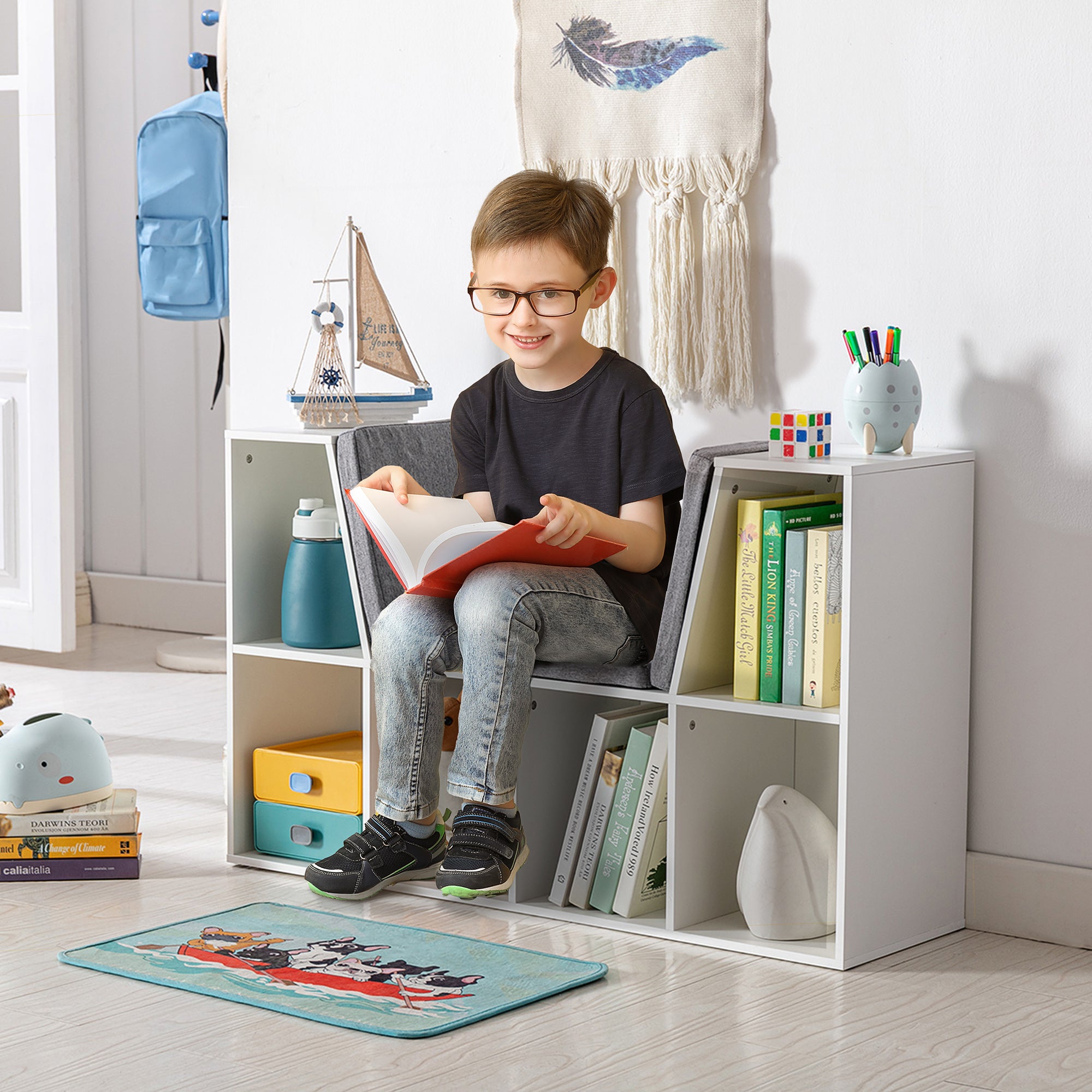 6-Cubby Kids Bookcase with Reading Nook and Cushion, Multi-Purpose Storage Organizer for Bedroom, Living Room, Pure White
