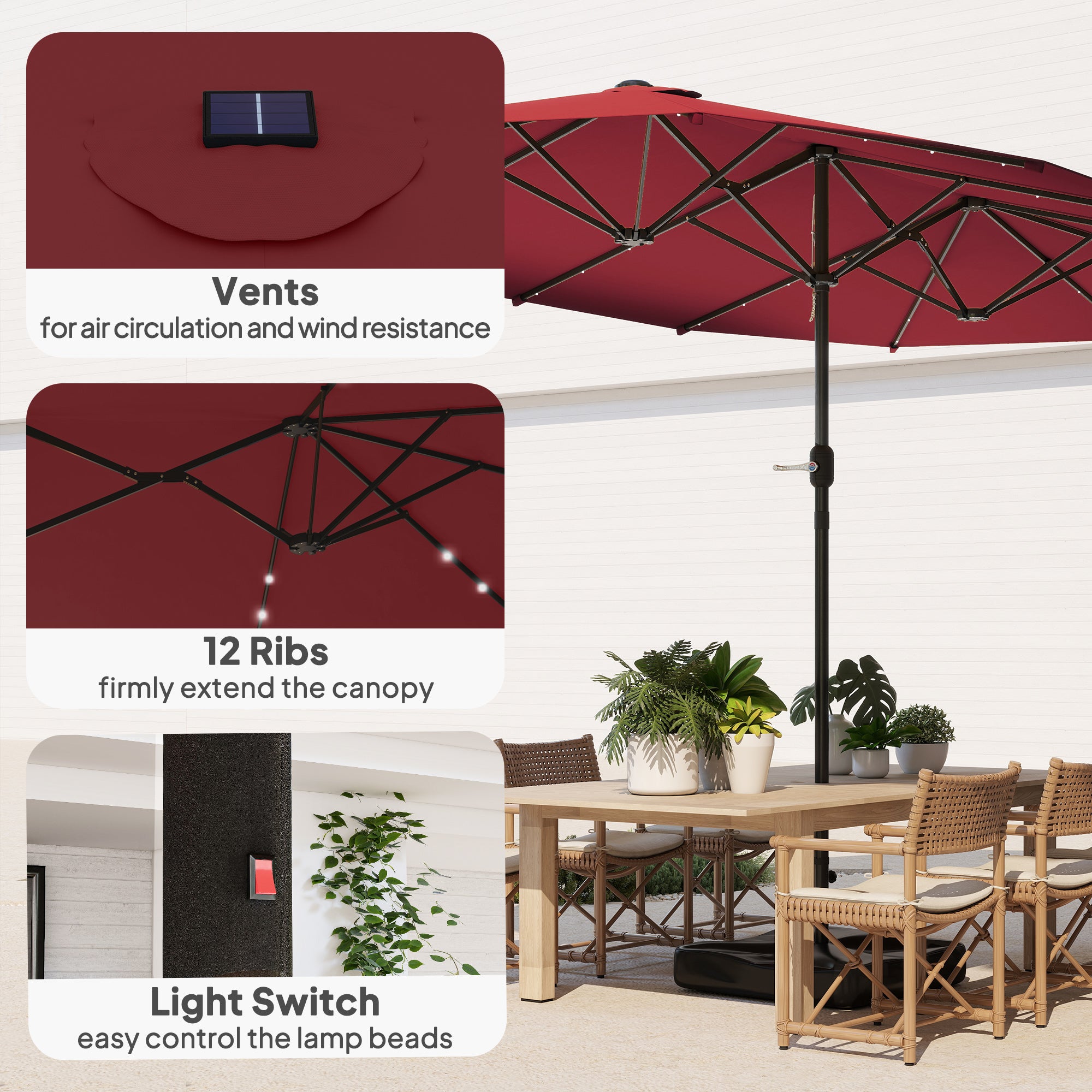 Garden Parasol 14.4ft Double-Sided Sun Umbrella with Base, Patio Parasol with LED Solar Lights, Wine Red