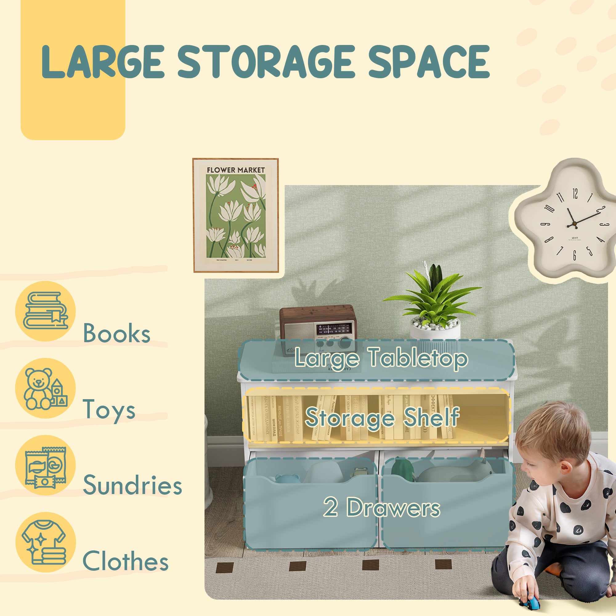 Toy Storage Organizer with 2 Drawers, Toy Shelf, Large Top, for Bedroom, Nursery, Living Room, White