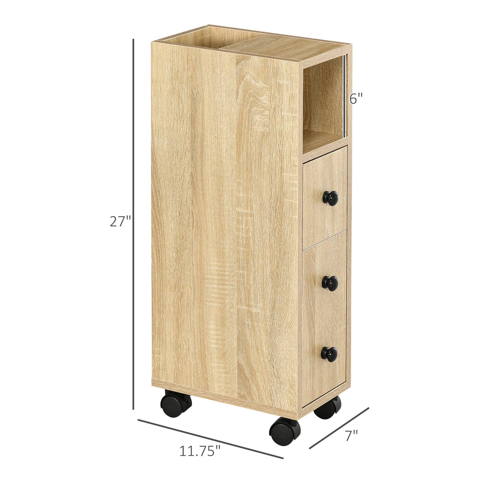 Freestanding Compact Design Bathroom Cabinet with 2 Open Cabinets, 1 Door Cabinet, 1 Drawer and 4 Rolling Wheels, Oak Grain Color