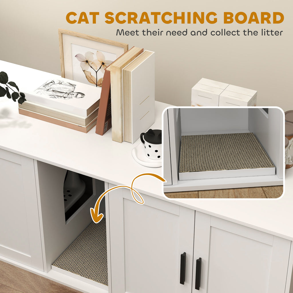 Cat Litter Box Enclosure with Double Room, Scratching Mat for 2 Cats, 57" x 19" x 20", White