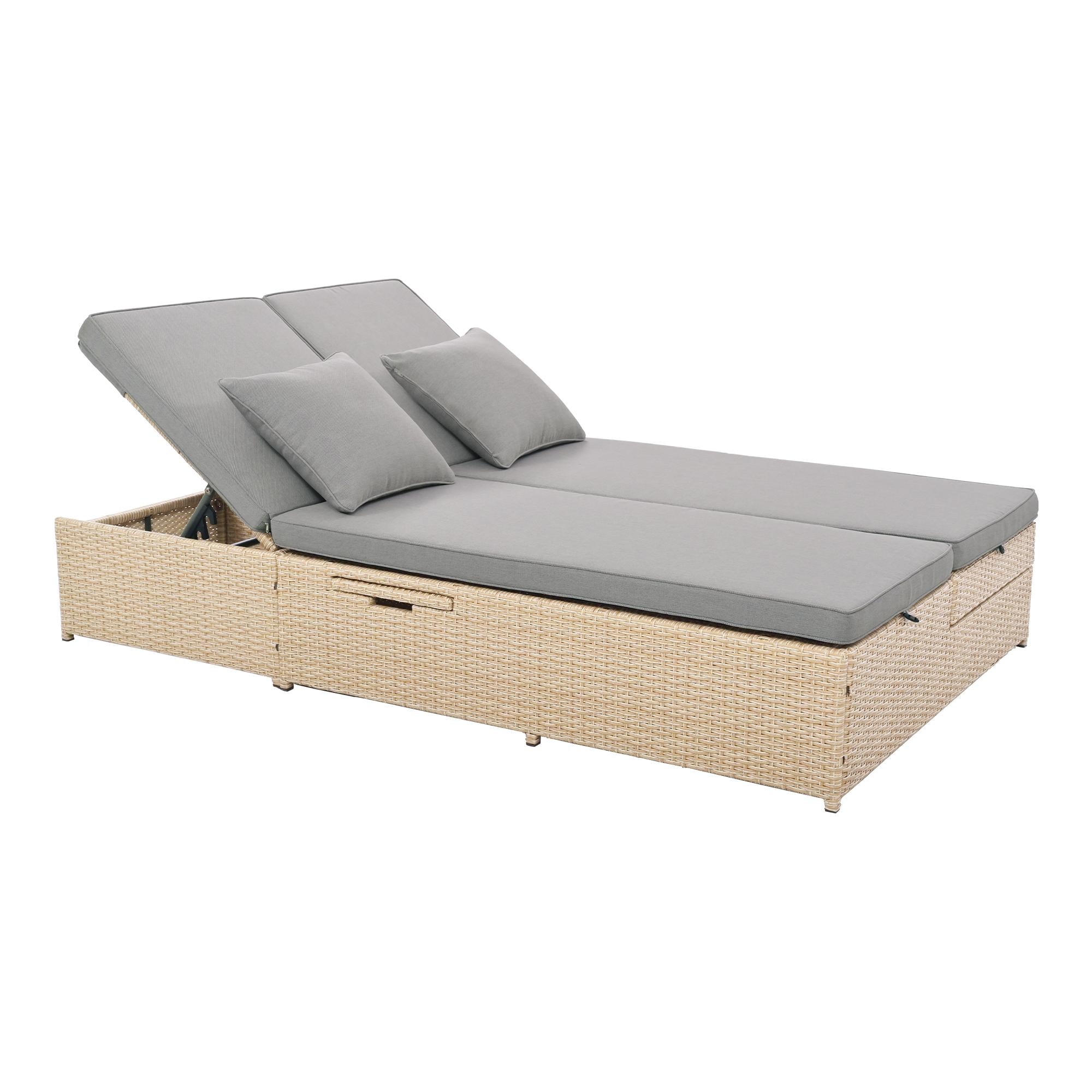 Outdoor Patio Sunbed with Adjustable Backrest & Side Tray, Wicker Rattan Lounger with Thick Cushion, 47" L x 29.5" W x 15" H, Brown