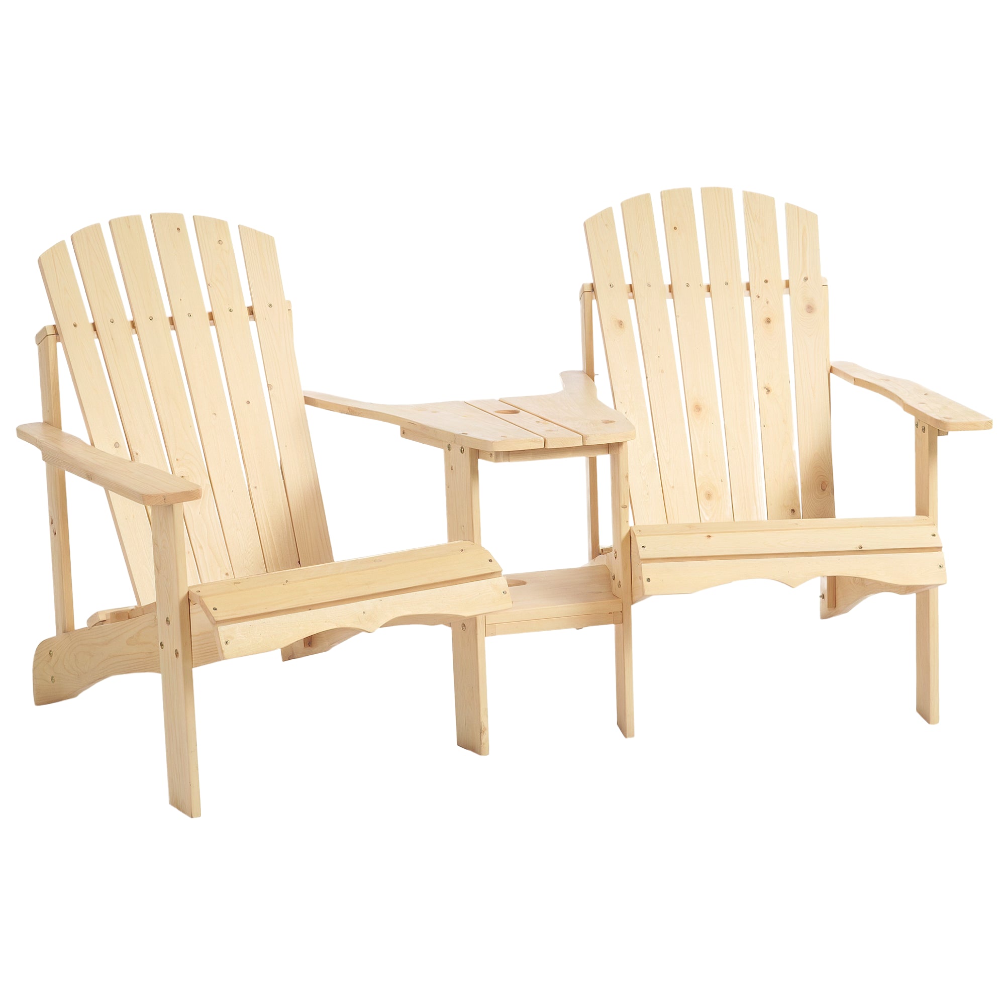 Fire Pit Seating, 2 Wooden Adirondack Chairs with Outdoor Table & Umbrella Hole, Wood 2 Person Adirondack Bench, Natural