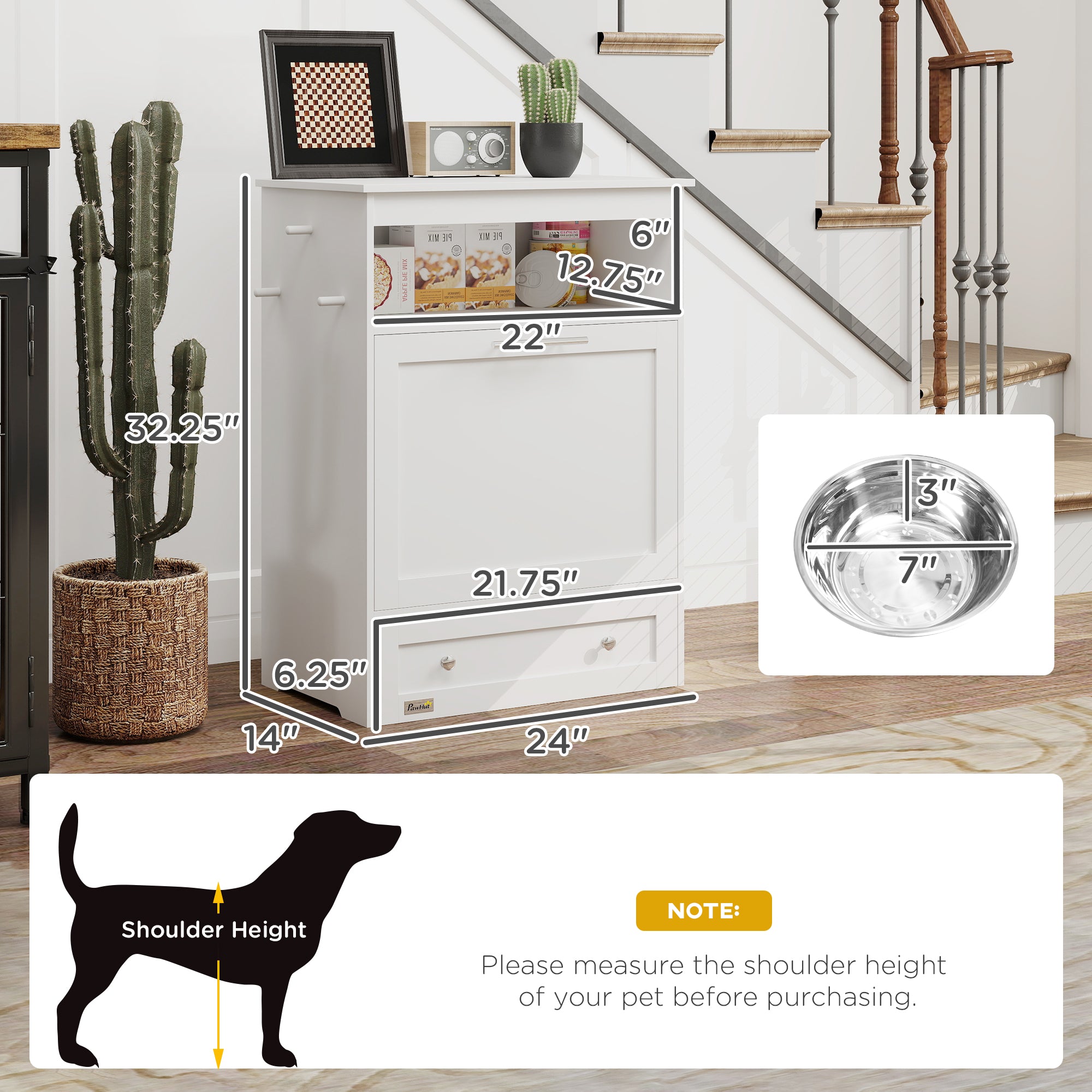 Pet Feeder Station Storage Cabinet, Dog Food Storage Container with Dog Raised Bowls, Watering Supplies, White