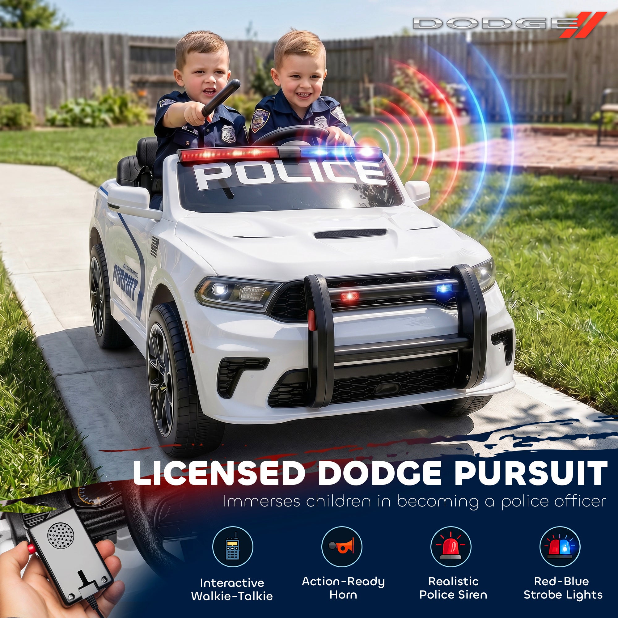 Licensed Ride On Police Car for Kids with 2 Seater, Remote, Suspension, Flashing Lights, Siren for Ages 3-6, White