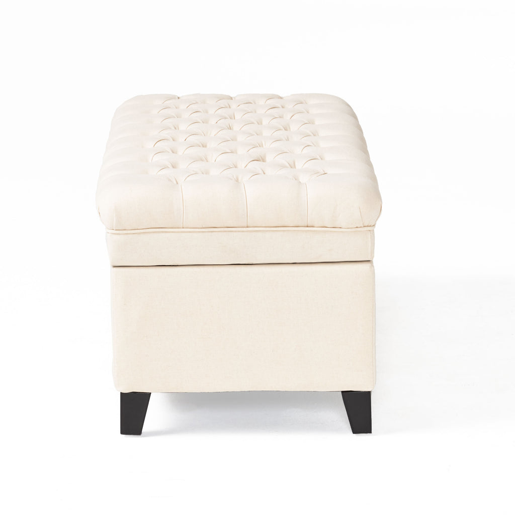 Storage Ottoman with Birch Legs, Hand-Tufted Fabric, 50" L x 20.5" W x 18.25" H, Spot Clean, Beige