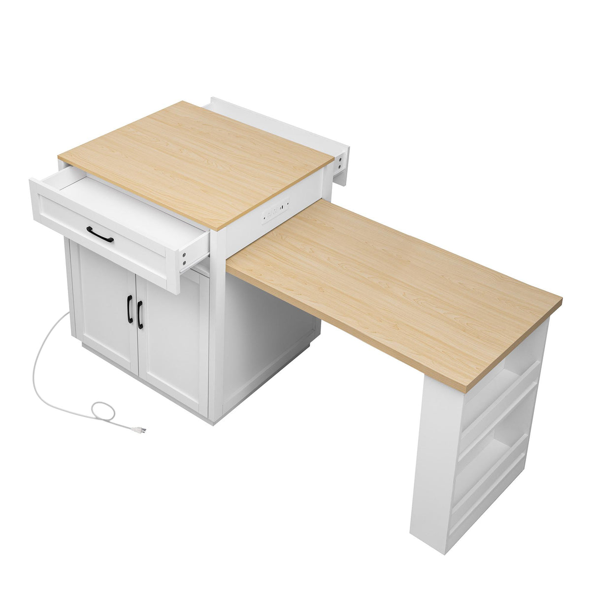 Kitchen Island with Extendable Table, Double-Sided Storage, Power Outlet, Adjustable Shelves, Lockable Wheels, 83" L x 27.5" W x 36" H, White Oak