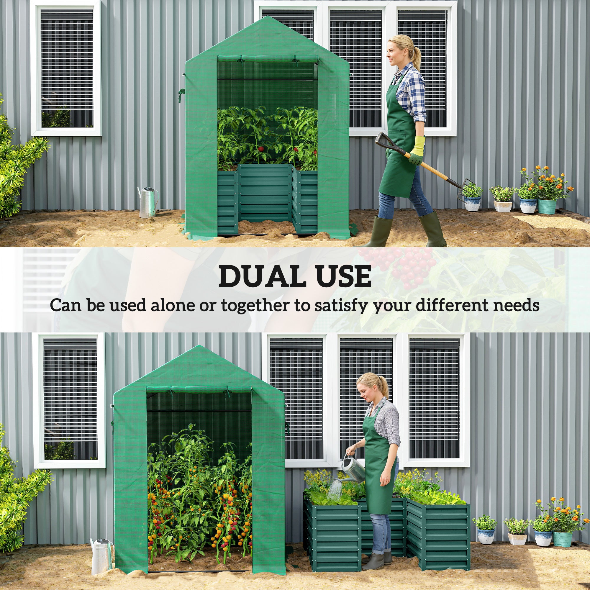 Greenhouse with Raised Garden Bed, Galvanized Steel Outdoor Greenhouse with Roll Up Door, 56" x 56" x 75", Green